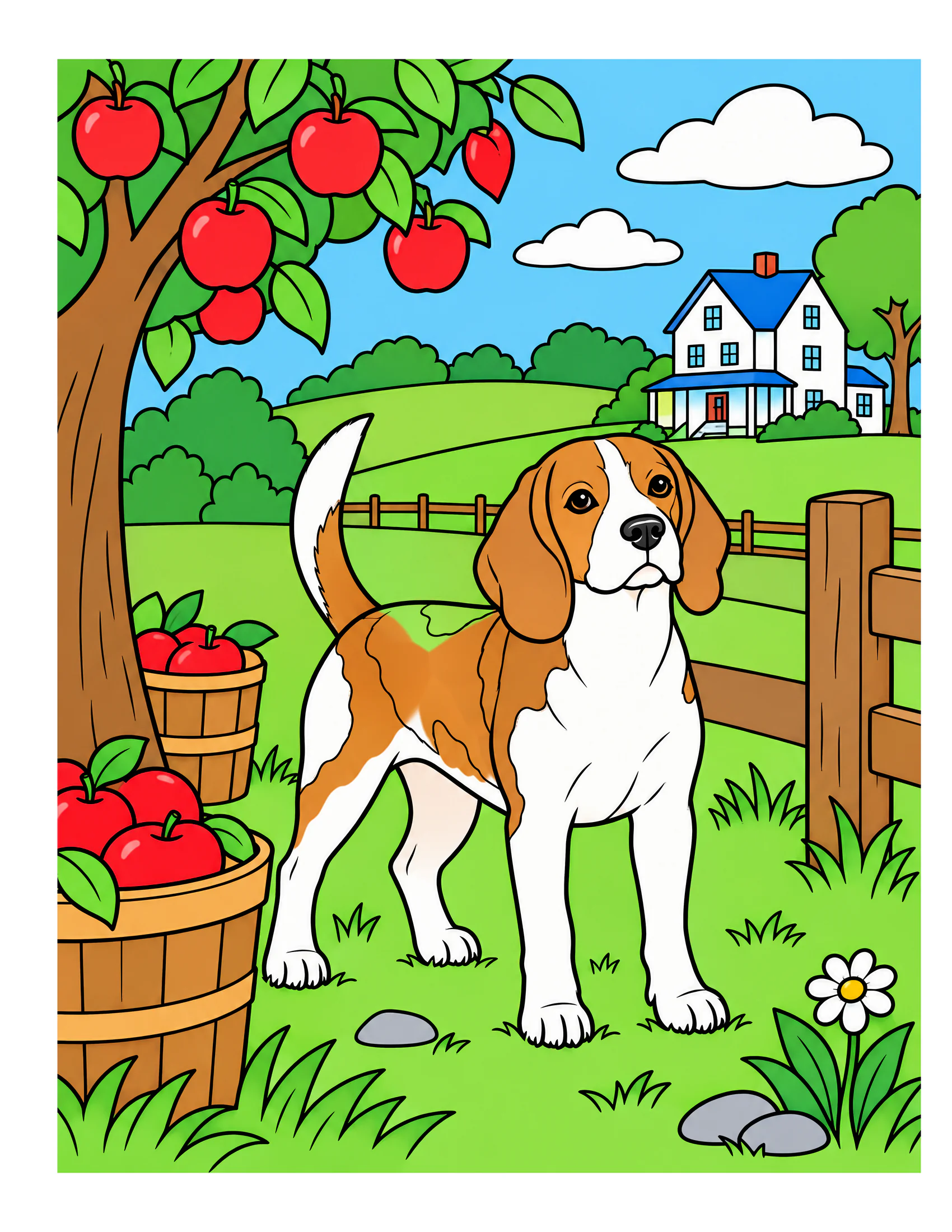 Beagle in a farmhouse orchard color reference for Level 1 · Easy