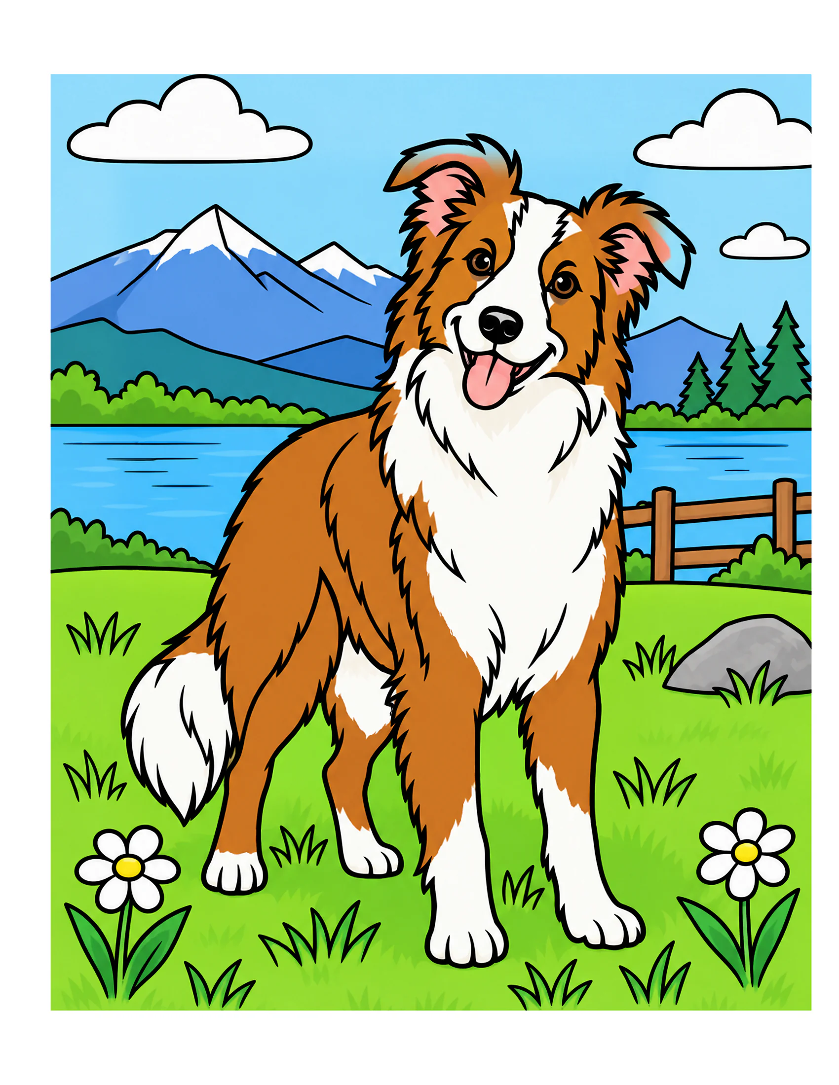 Border Collie in a wildflower meadow color reference for Level 1 · Easy