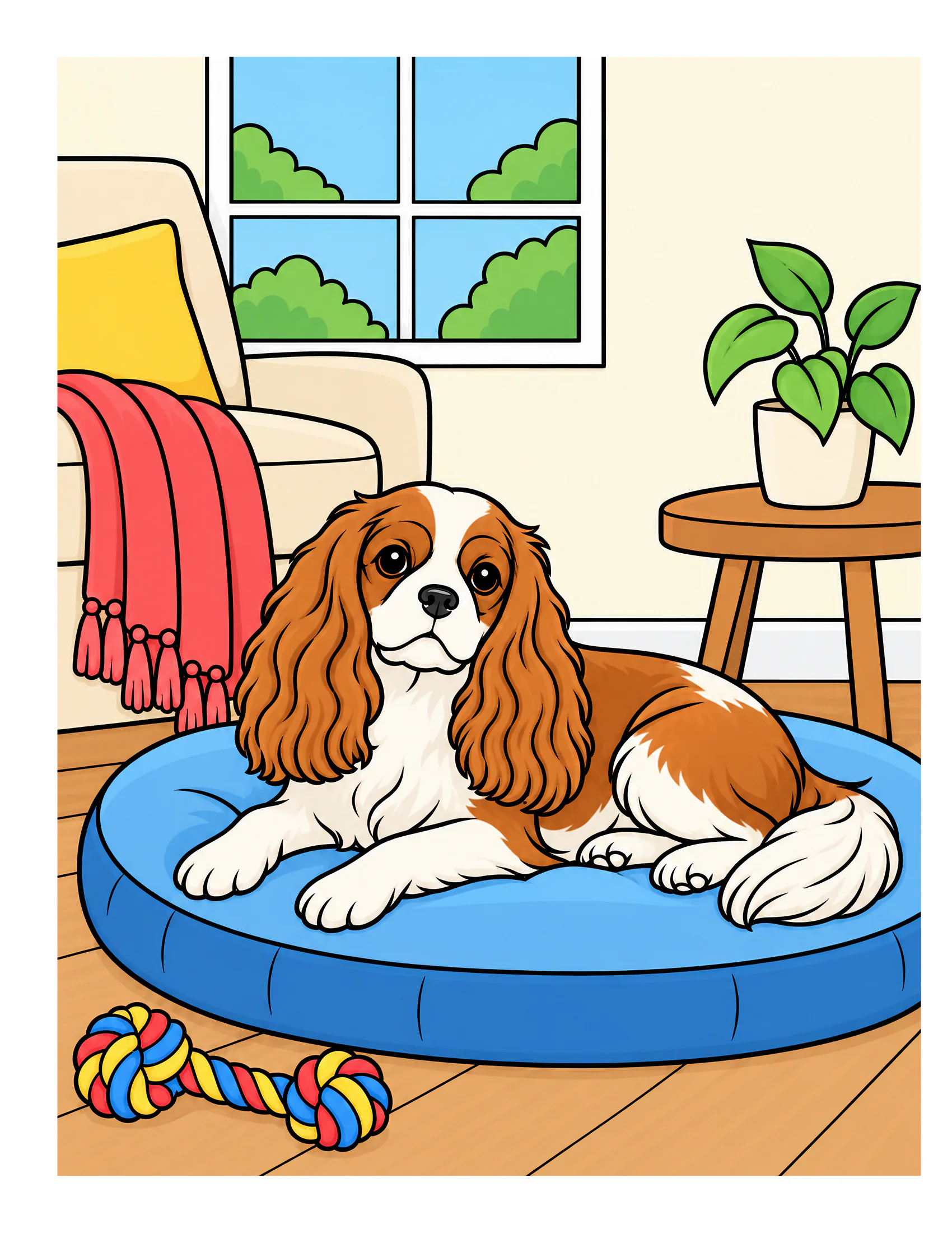 Cavalier King Charles Spaniel in an apartment reading nook color reference for Level 1 · Easy