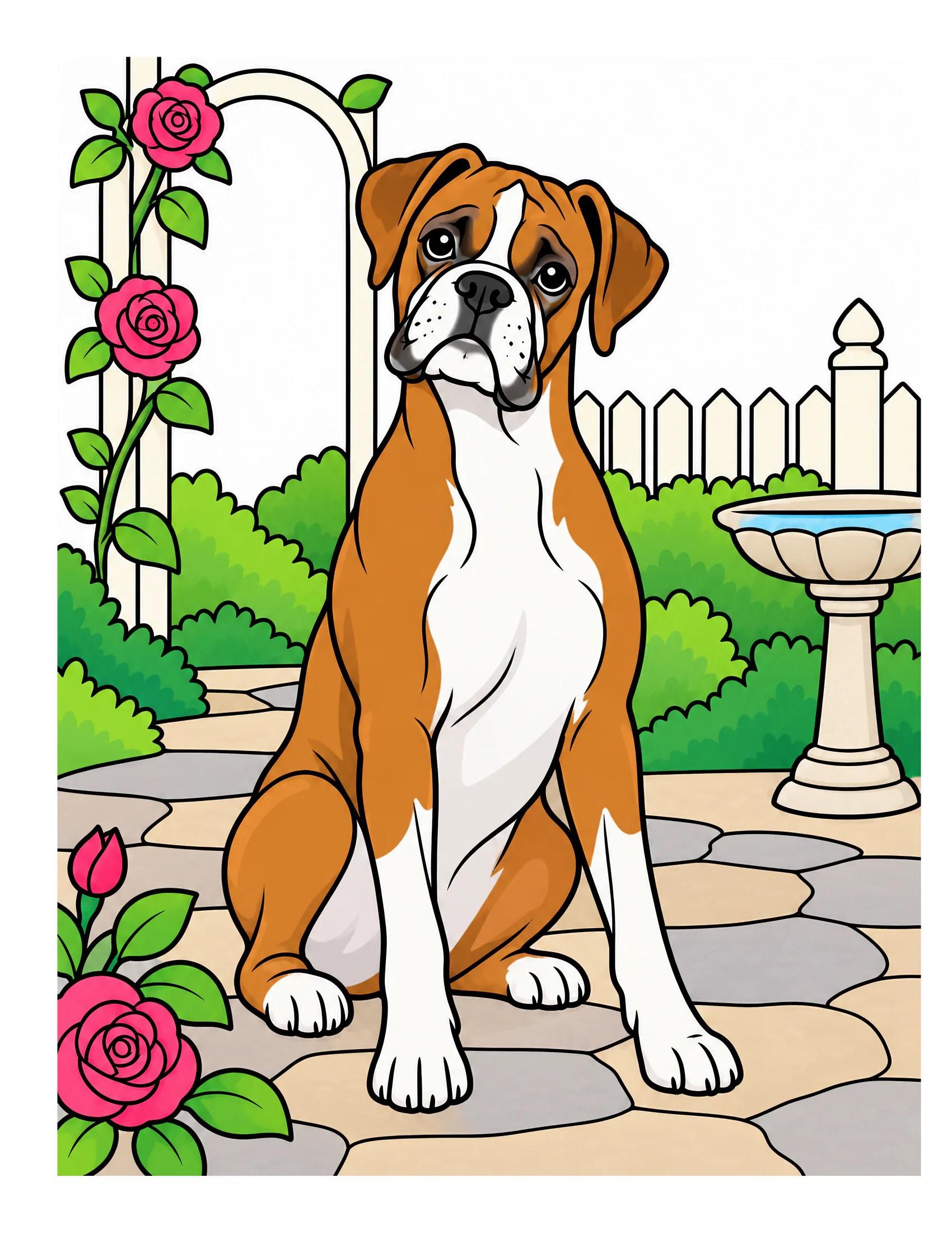 Boxer in a rose garden color reference for Level 1 · Easy