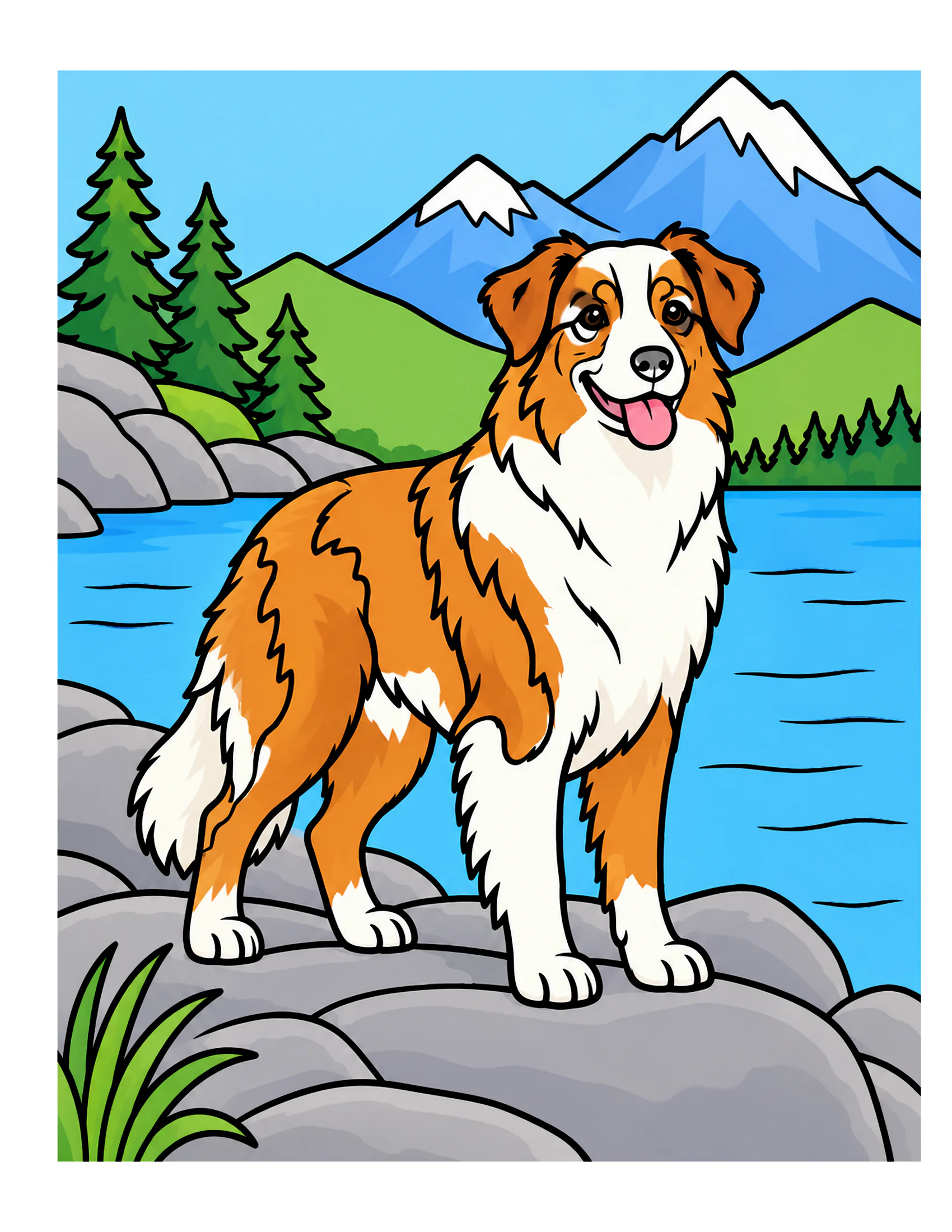 Australian Shepherd beside an alpine lake color reference for Level 1 · Easy