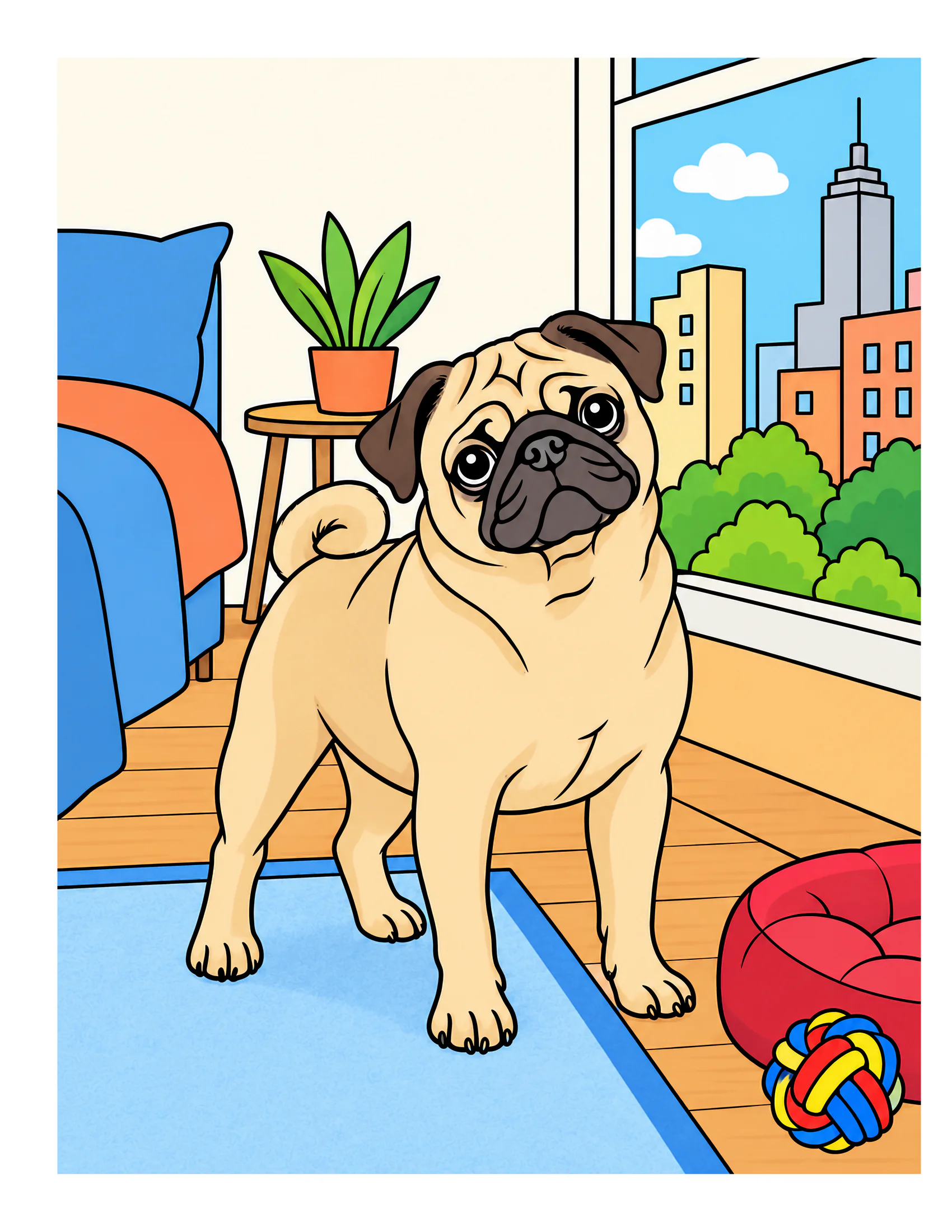 Pug beside a studio apartment window color reference for Level 1 · Easy