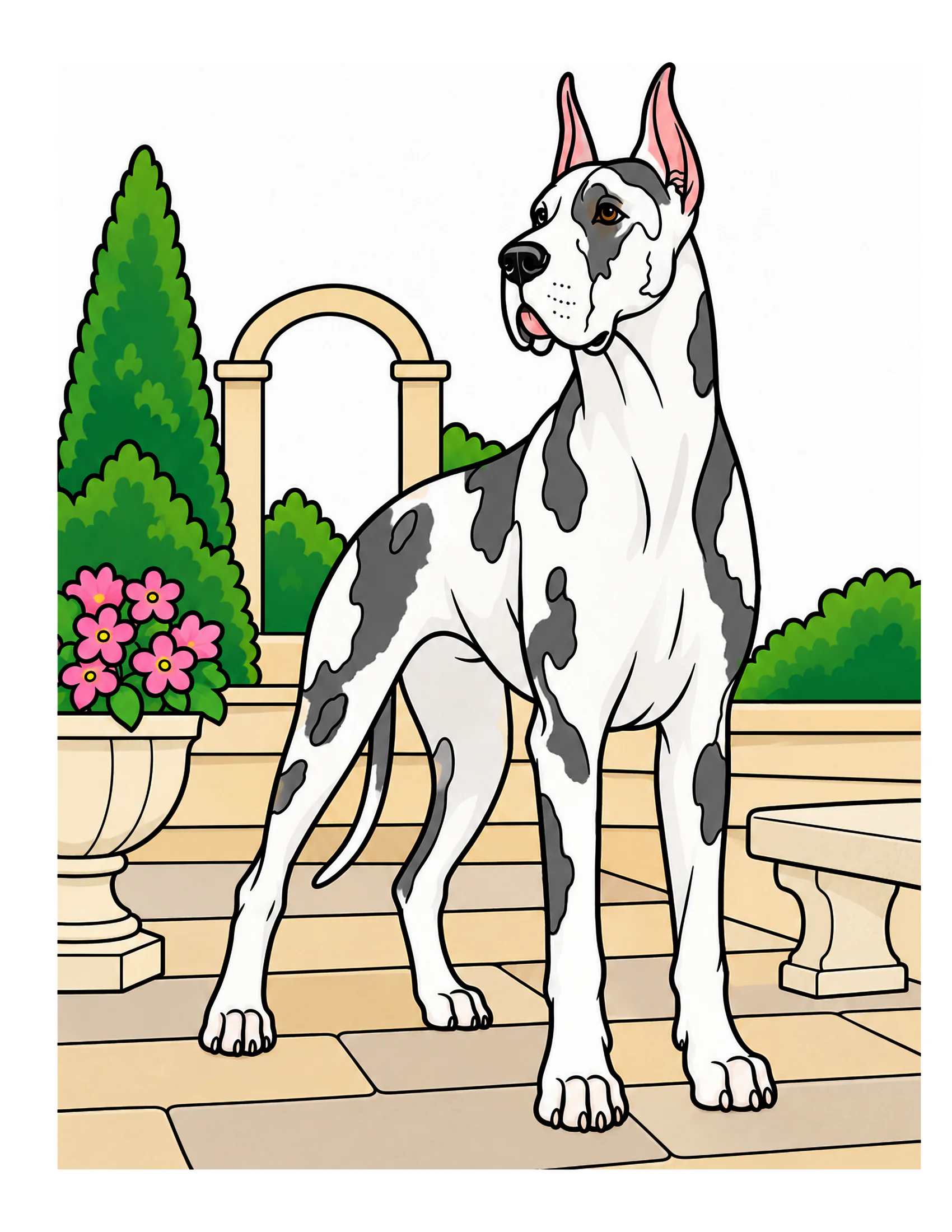 Great Dane in a sculpture garden color reference for Level 1 · Easy