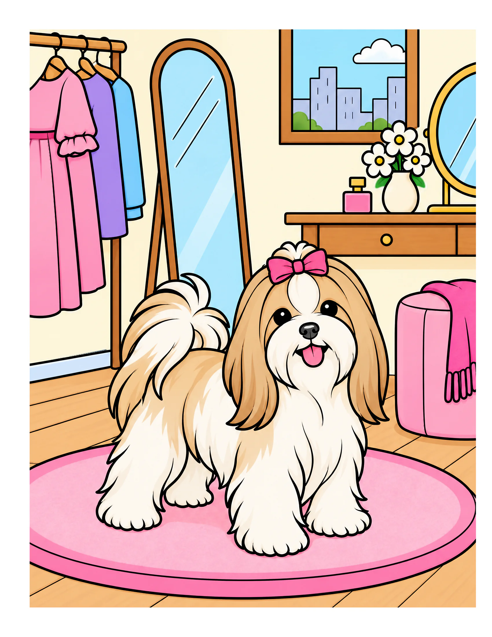 Maltese in an apartment dressing corner color reference for Level 1 · Easy