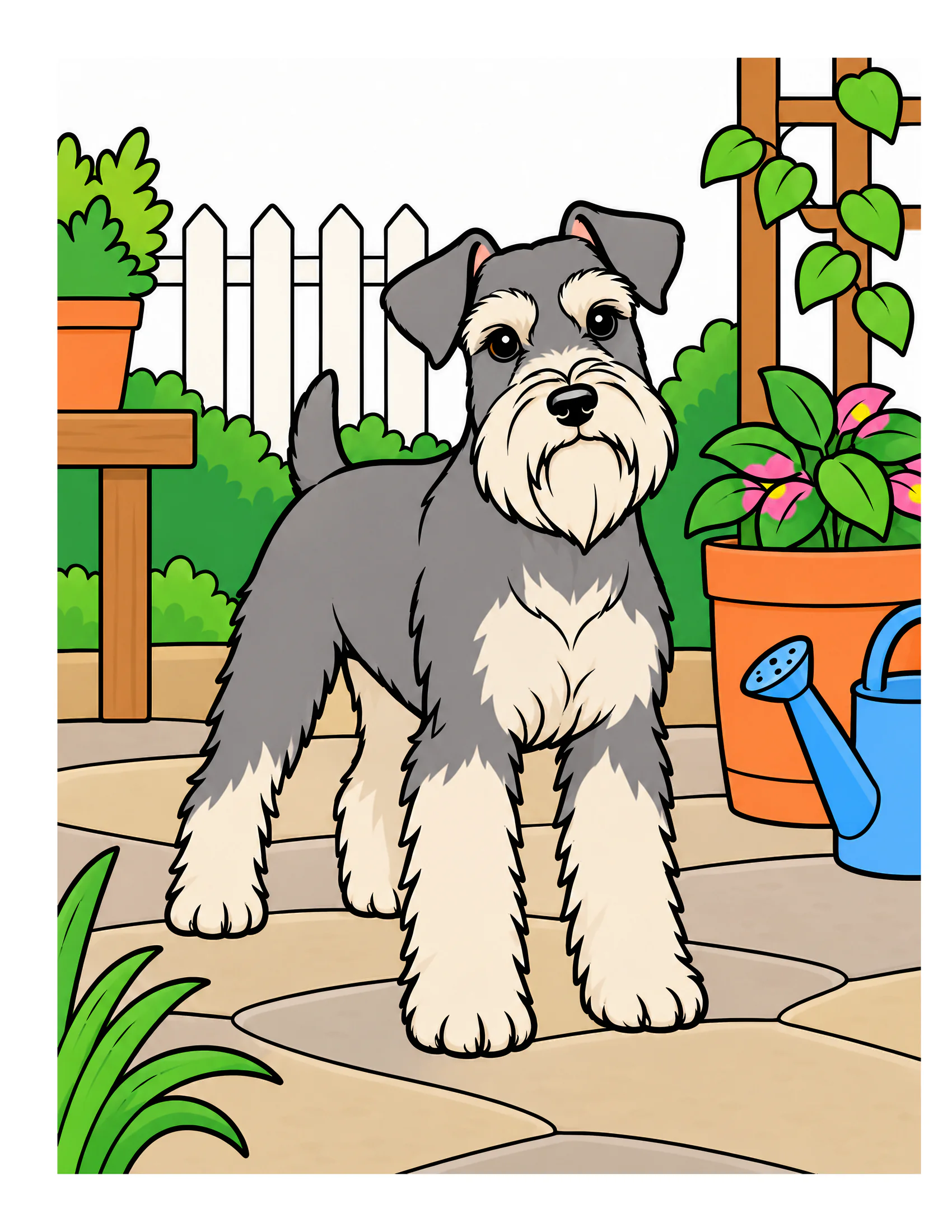 Miniature Schnauzer in an herb garden color reference for Level 1 · Easy