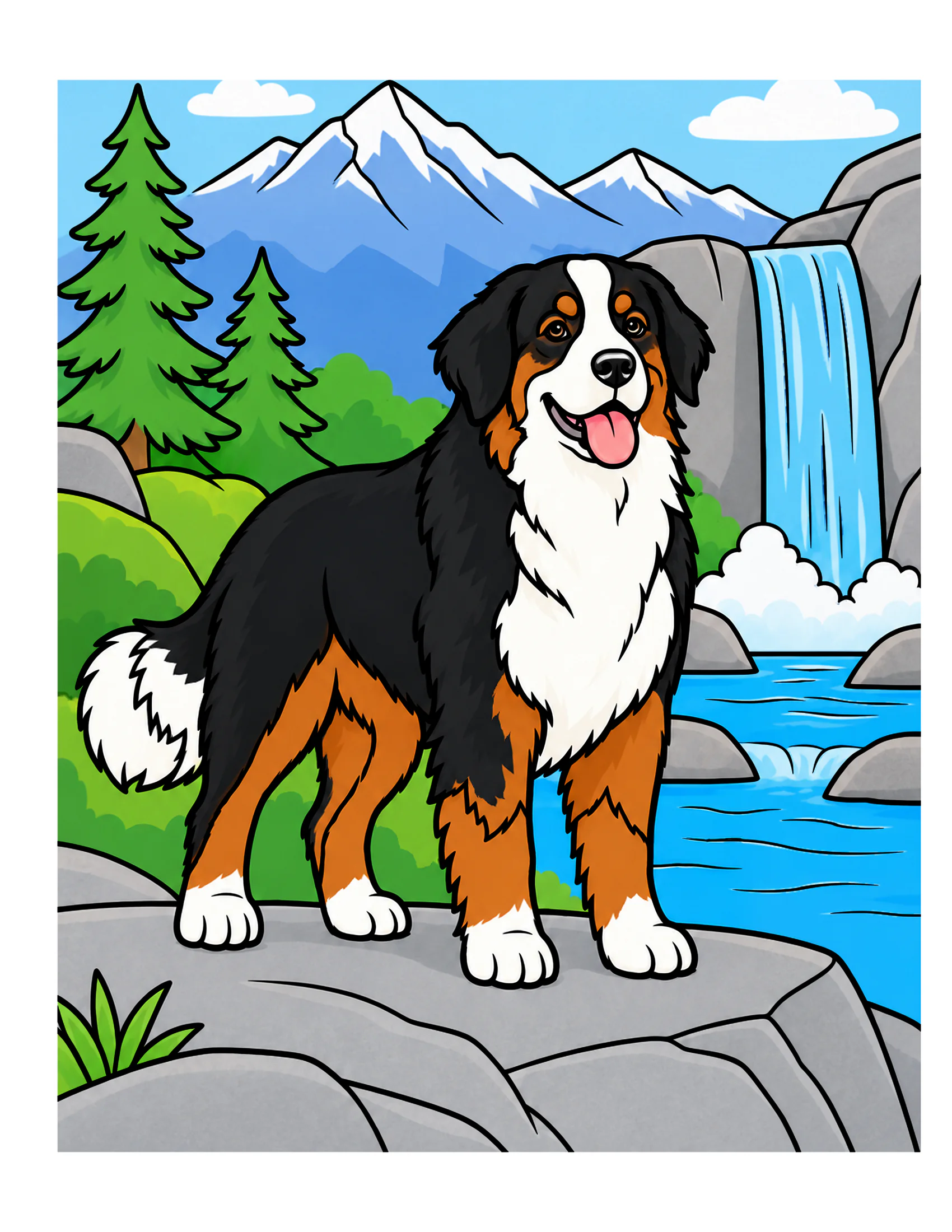 Bernese Mountain Dog in a waterfall valley color reference for Level 1 · Easy