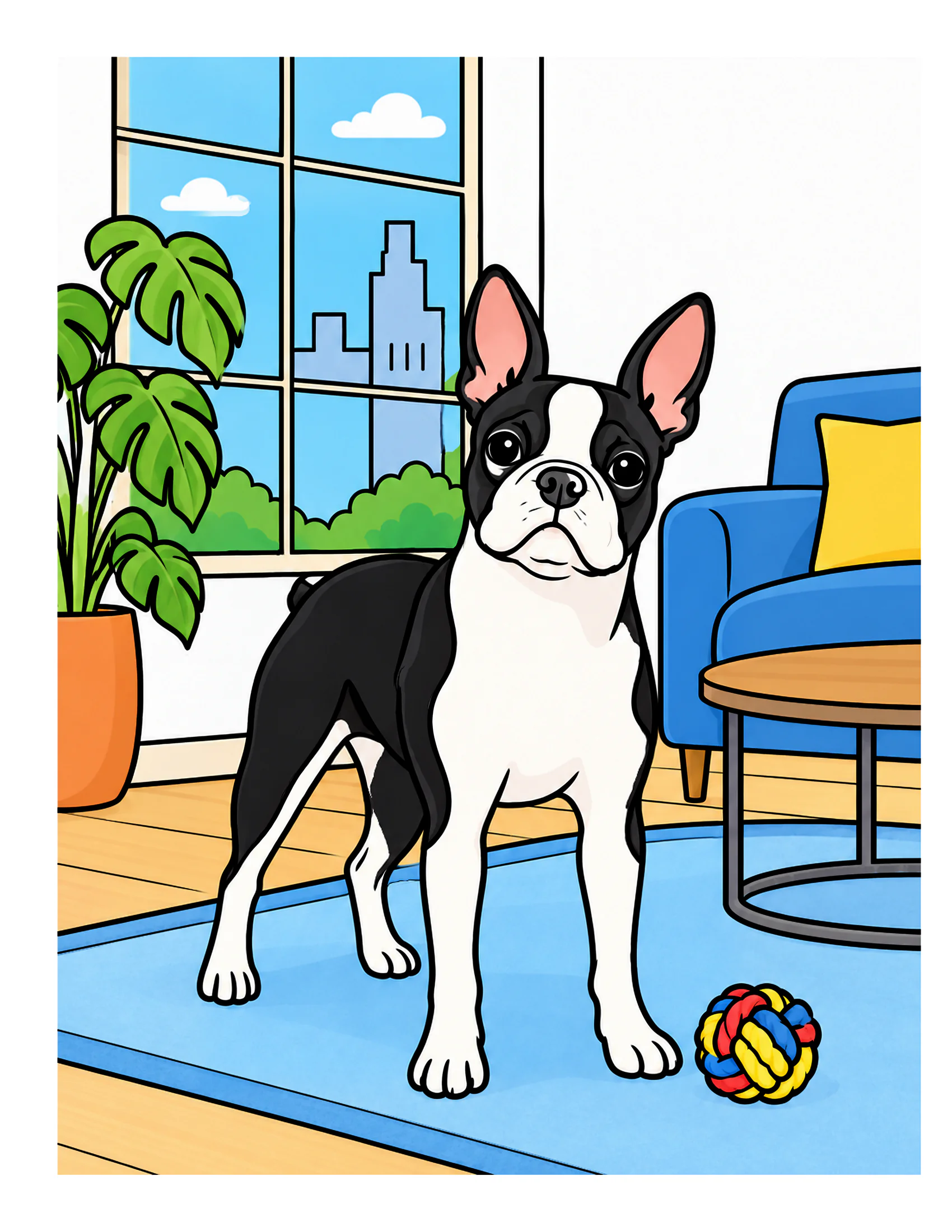 Boston Terrier in a loft apartment color reference for Level 1 · Easy
