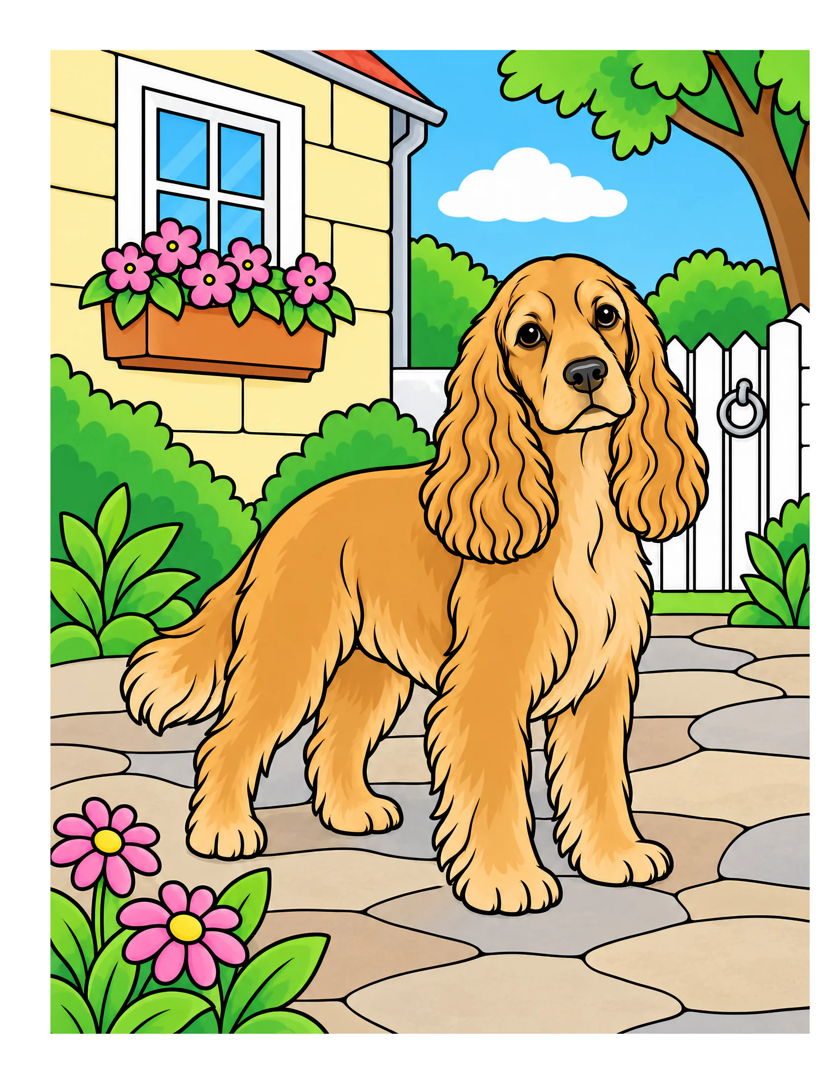 English Cocker Spaniel in a cottage garden color reference for Level 1 · Easy