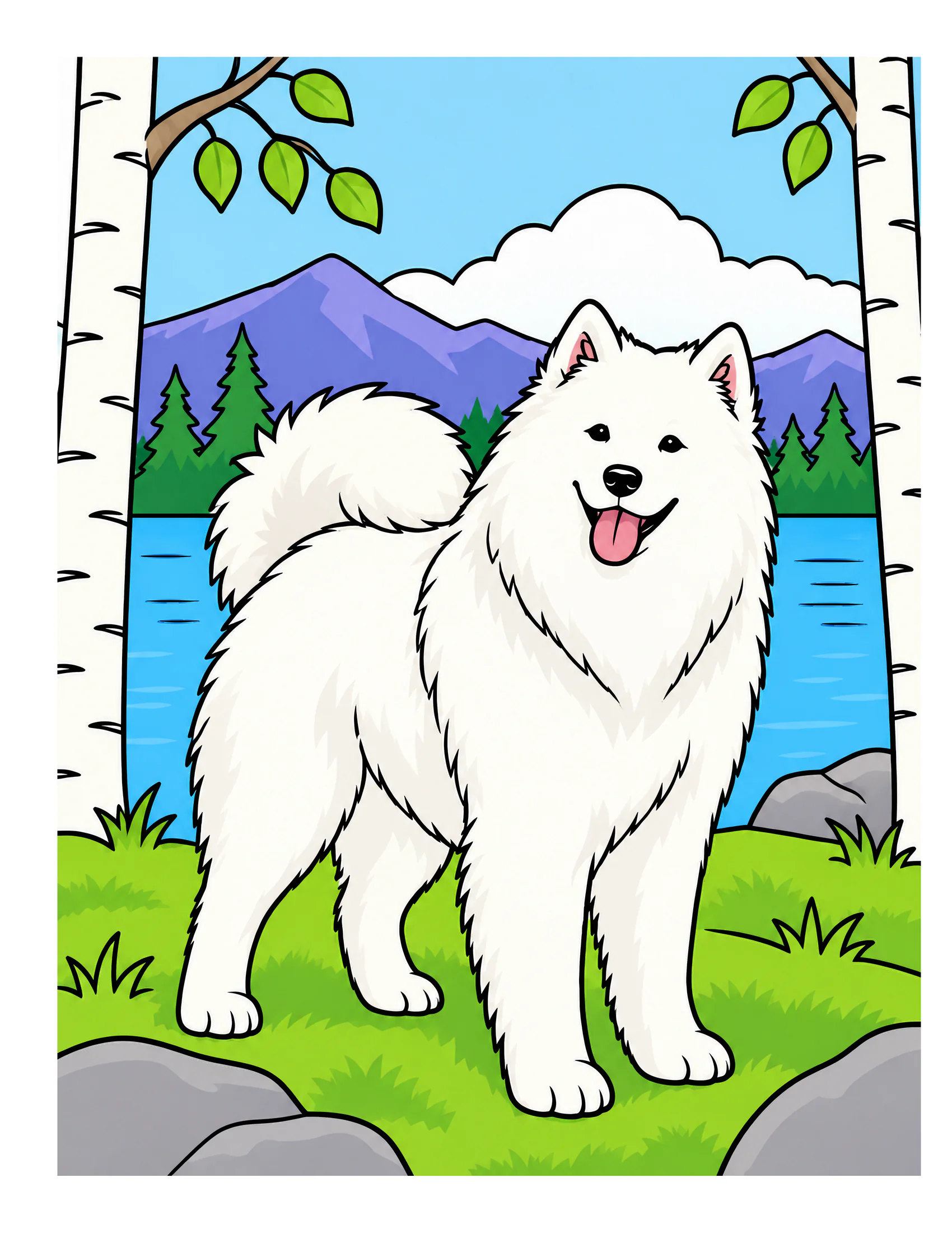 Samoyed in a birch forest color reference for Level 1 · Easy