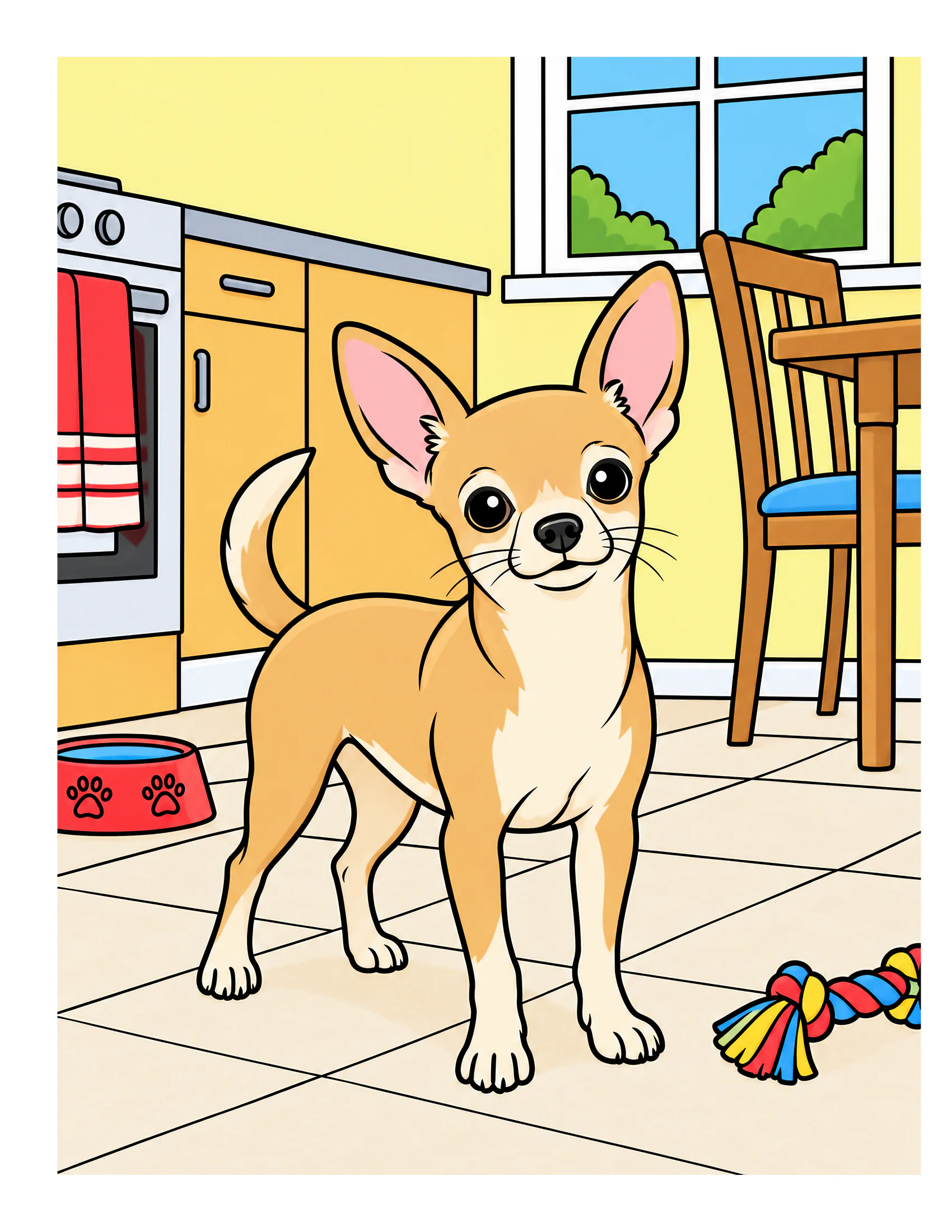 Chihuahua in a sunny apartment kitchen color reference for Level 1 · Easy