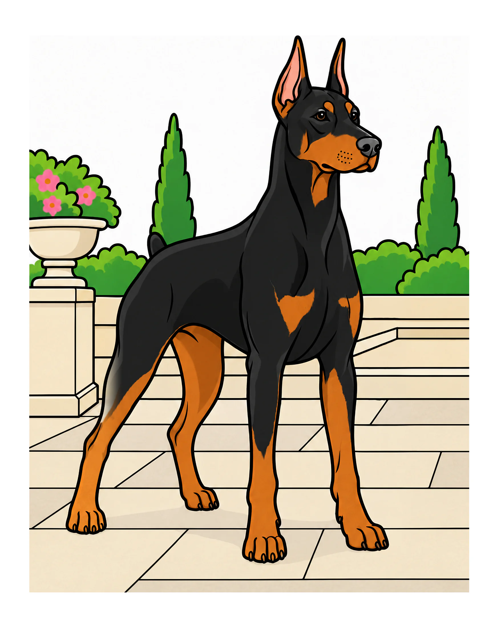 Doberman Pinscher in a geometric garden color reference for Level 1 · Easy