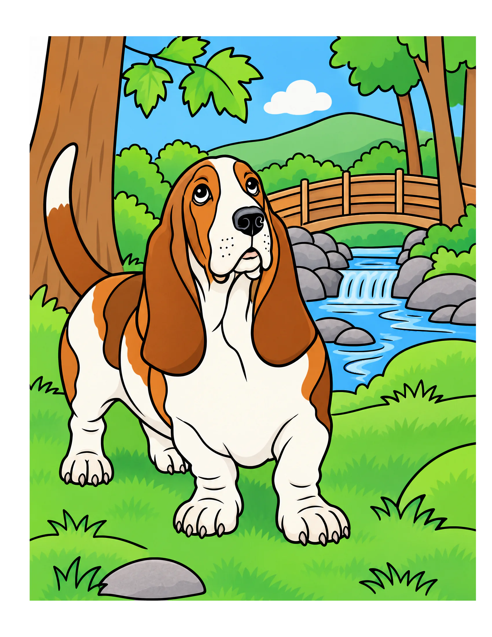 Basset Hound in an autumn woodland color reference for Level 1 · Easy