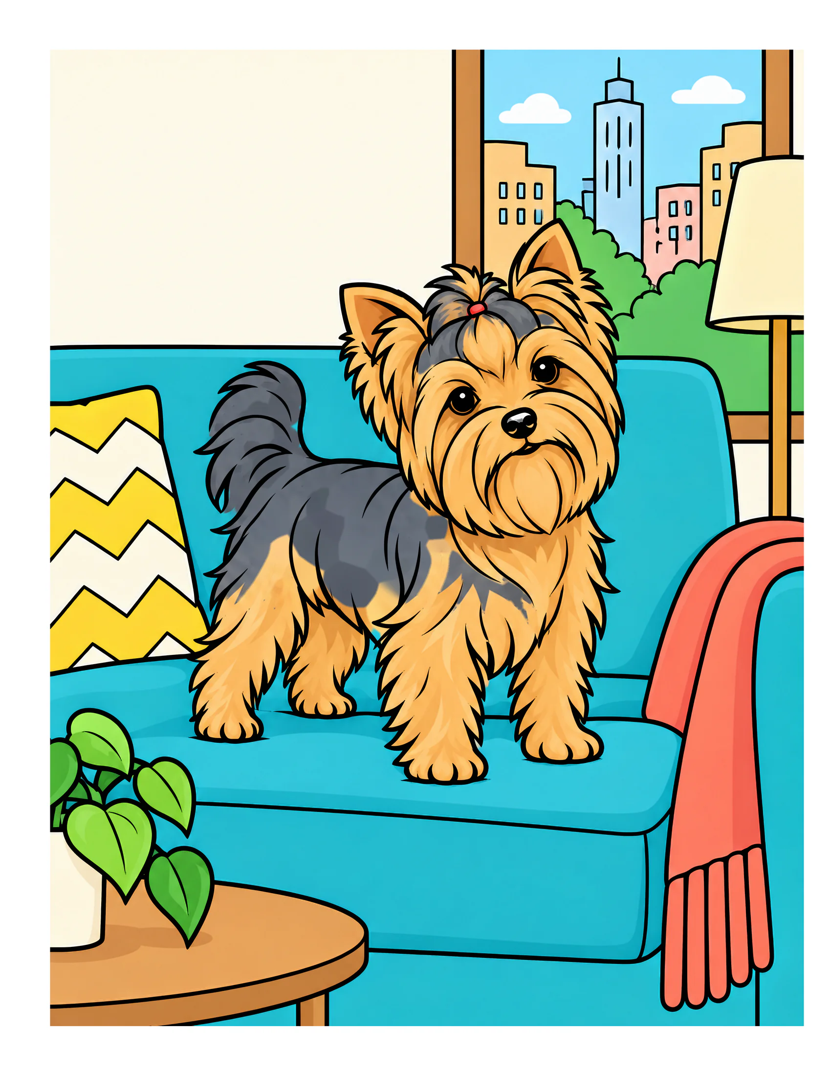 Yorkshire Terrier on an apartment sofa color reference for Level 1 · Easy