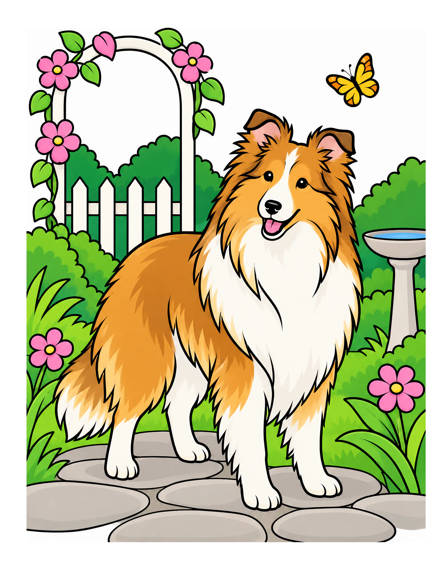 Shetland Sheepdog in a butterfly garden color reference for Level 1 · Easy