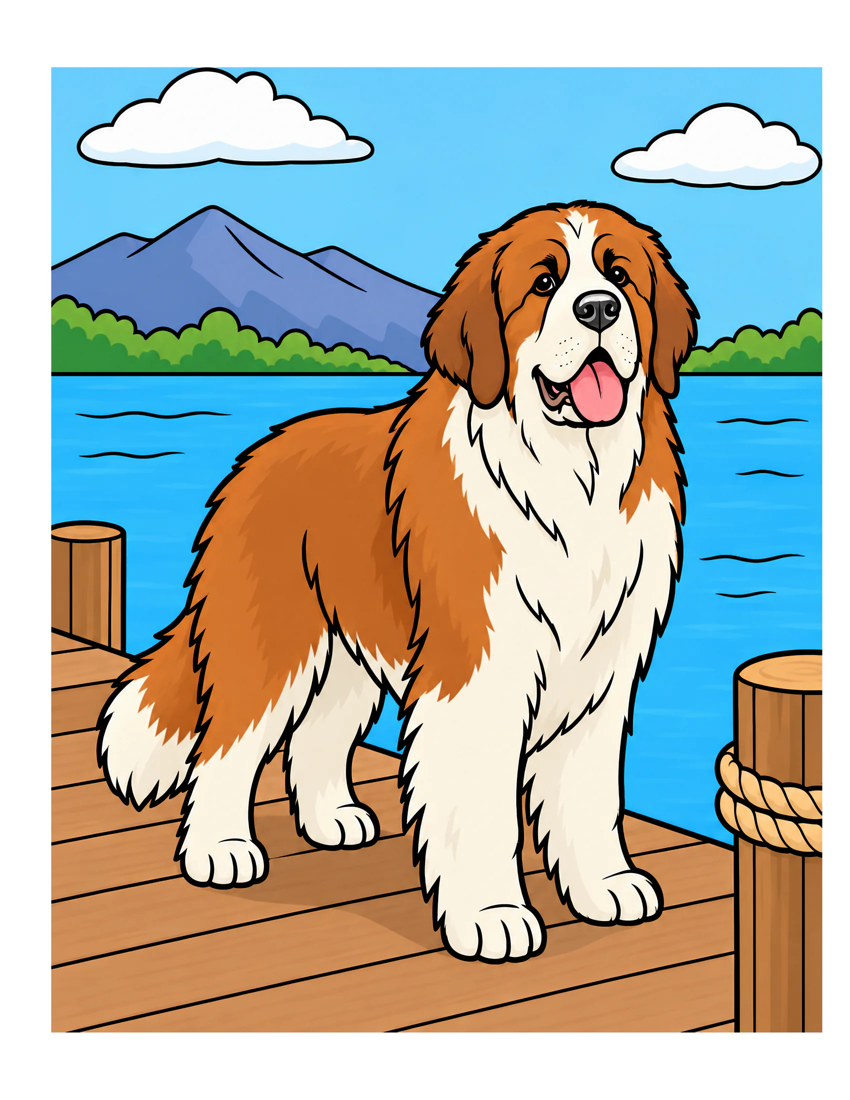 Newfoundland beside a lakeside dock color reference for Level 1 · Easy
