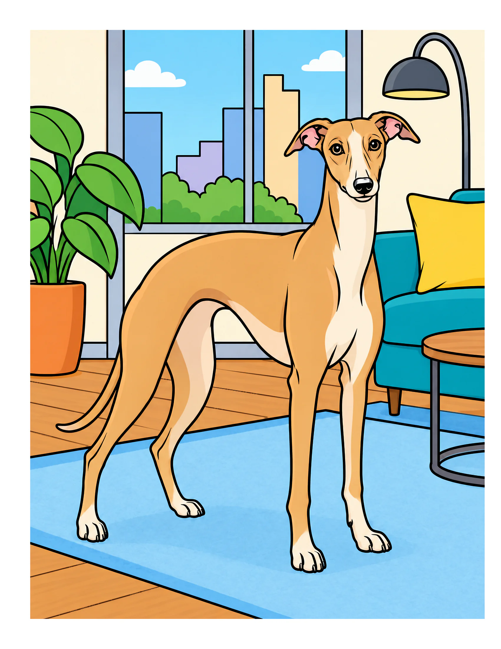 Whippet in a modern apartment color reference for Level 1 · Easy