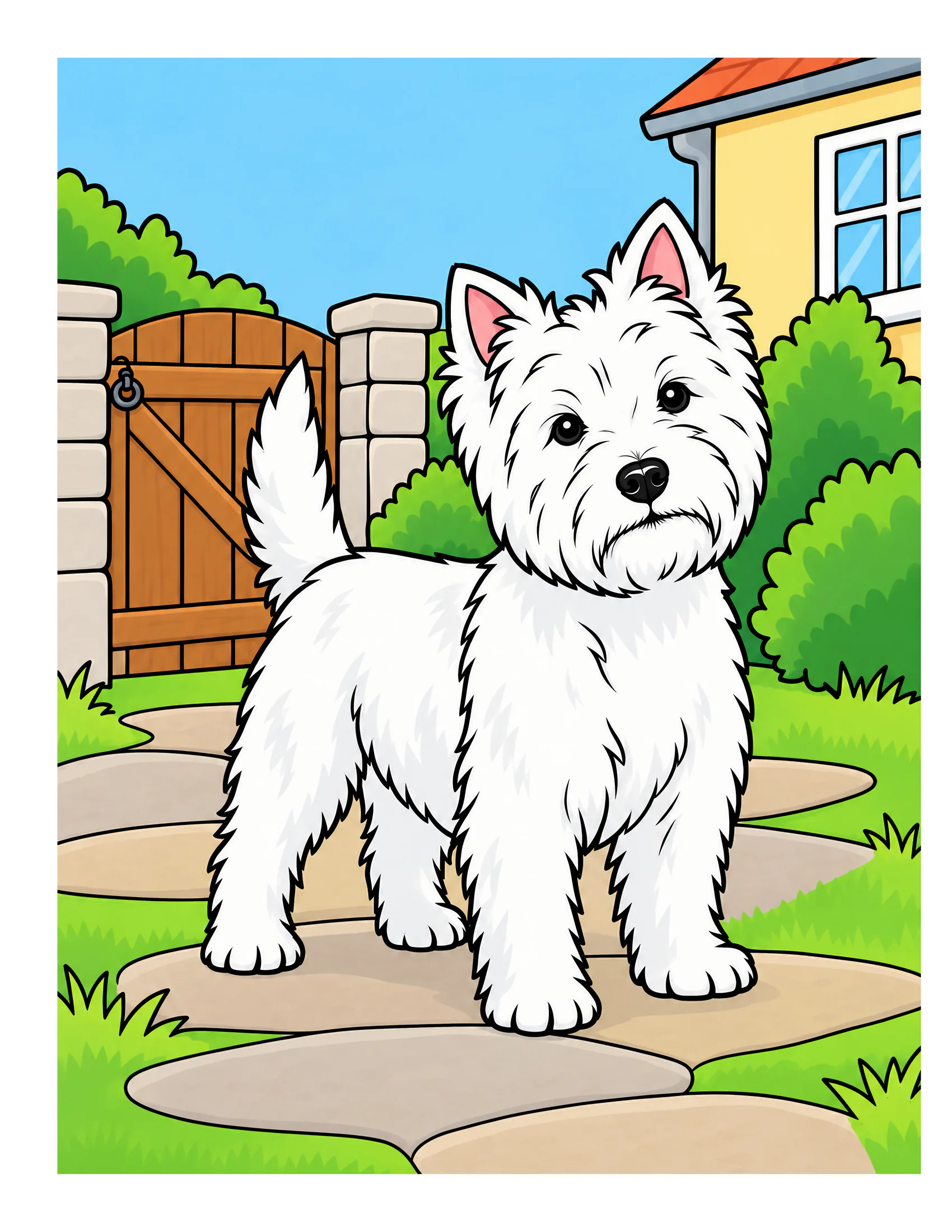 West Highland White Terrier on a garden path color reference for Level 1 · Easy