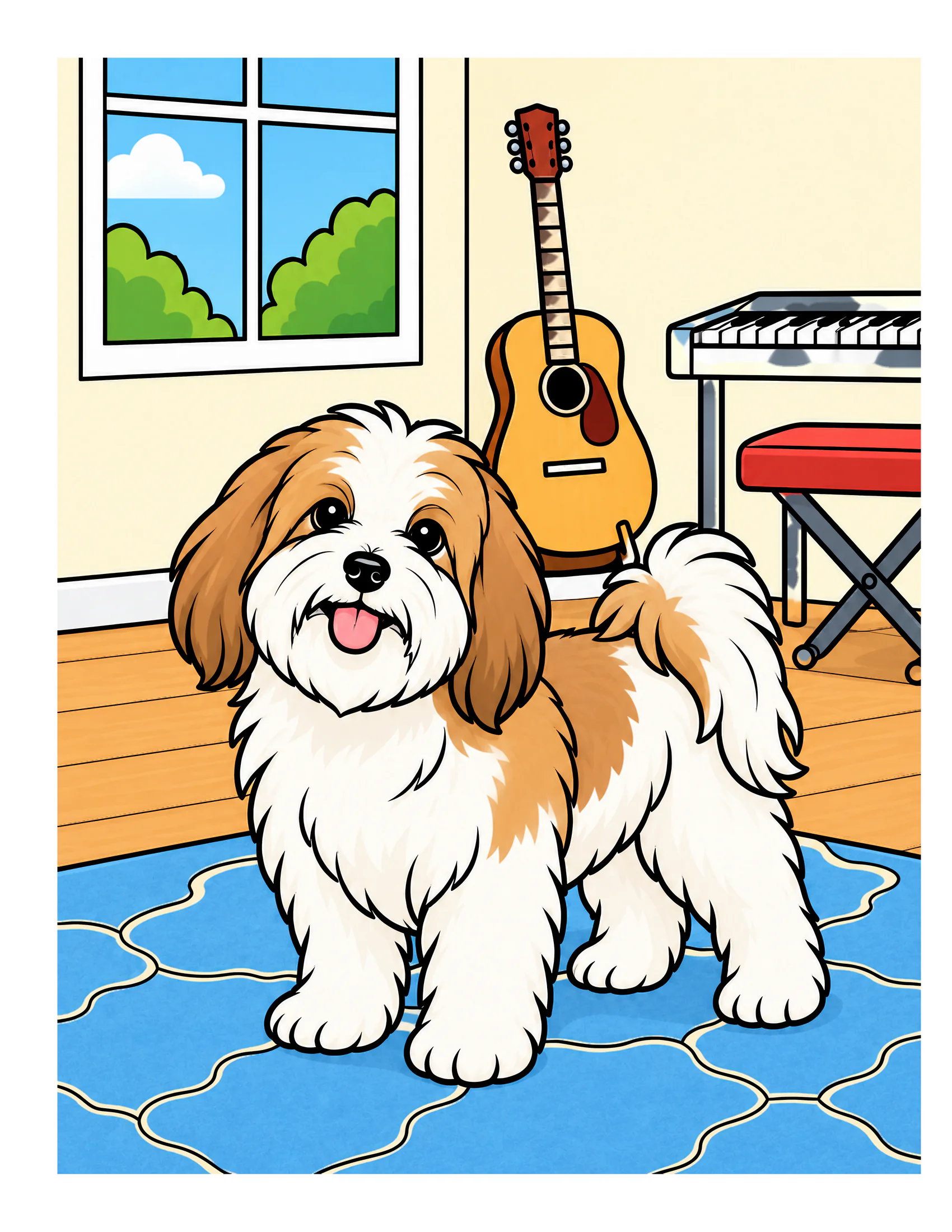 Havanese in an apartment music room color reference for Level 1 · Easy