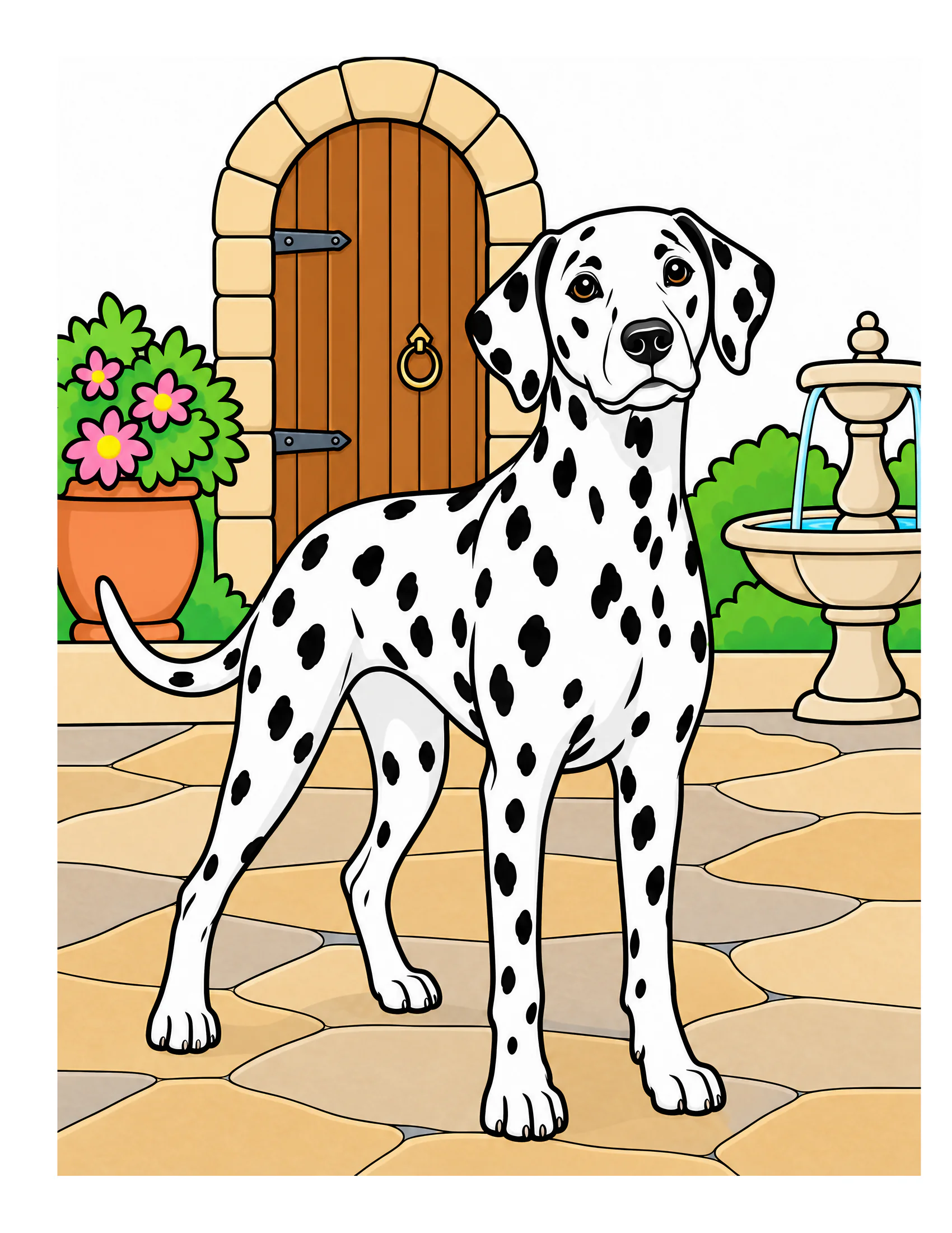 Dalmatian in a courtyard garden color reference for Level 1 · Easy