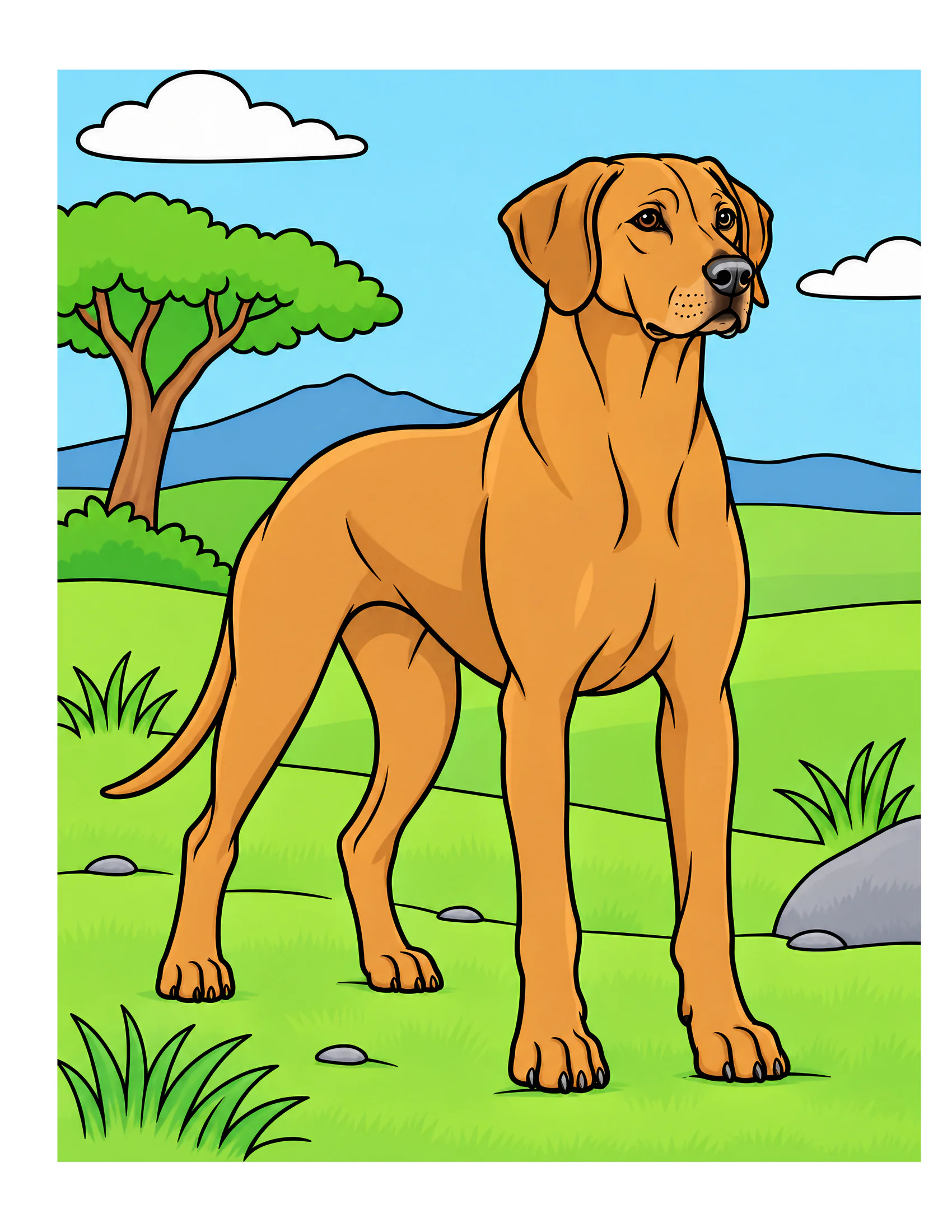 Rhodesian Ridgeback on a savanna trail color reference for Level 1 · Easy