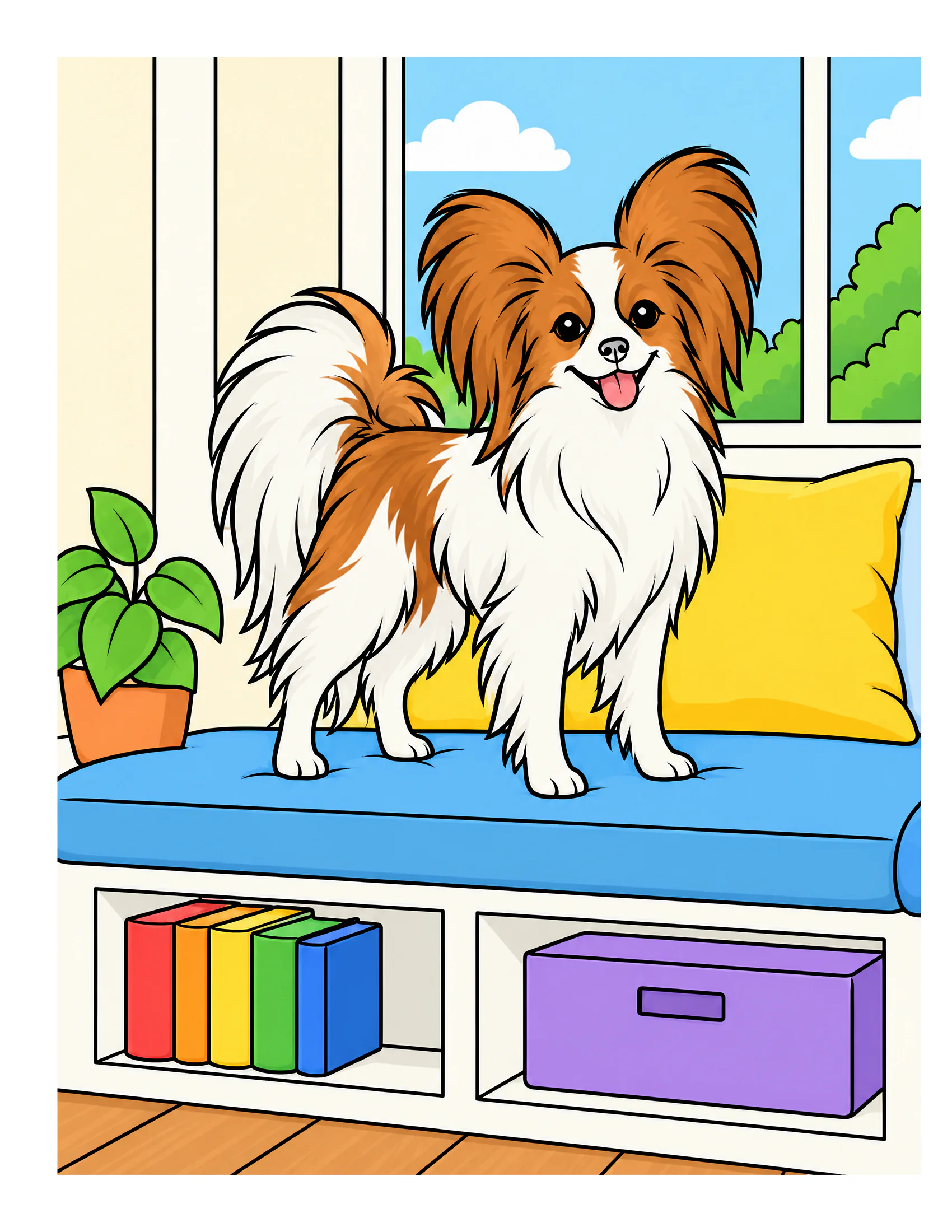 Papillon on an apartment reading bench color reference for Level 1 · Easy