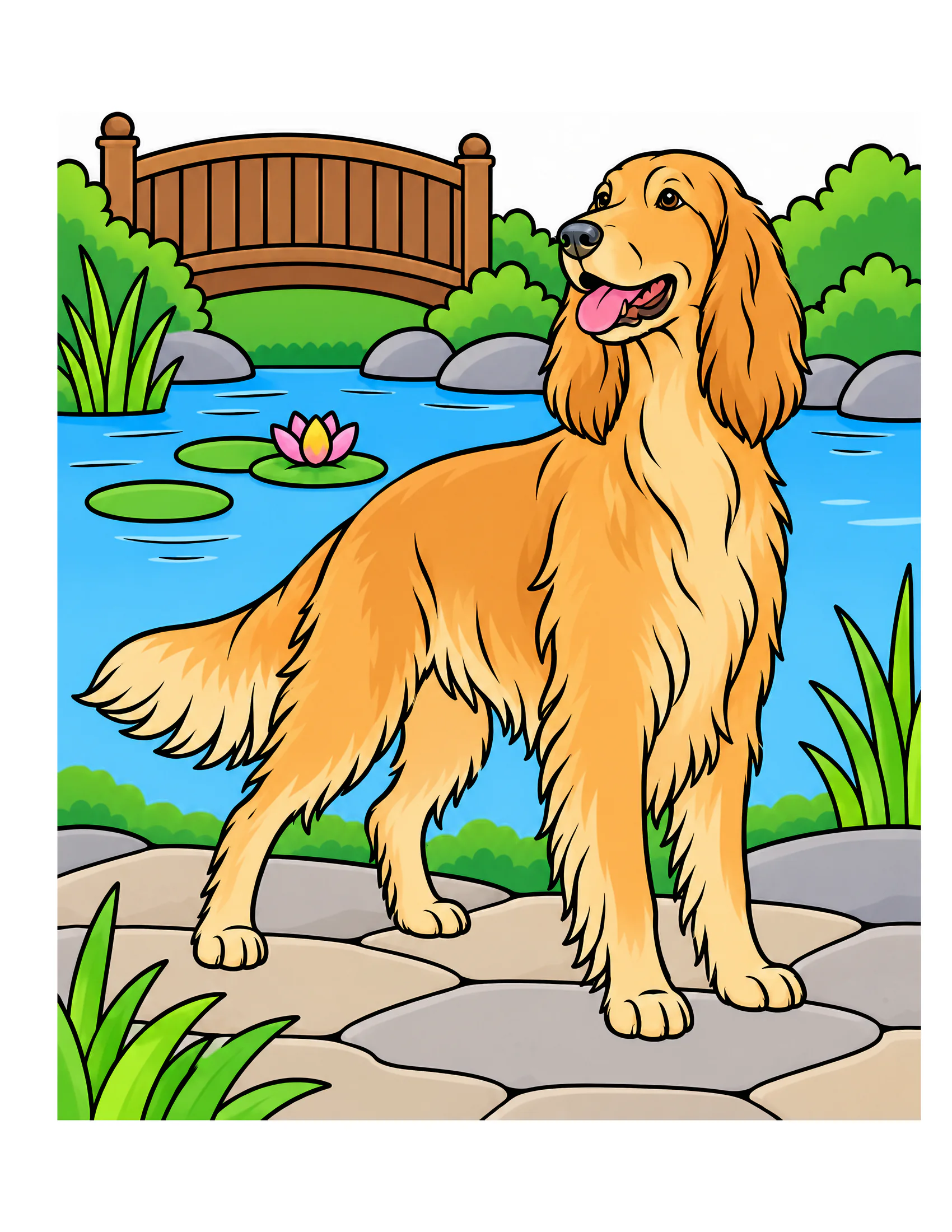 Irish Setter beside a landscaped garden pond color reference for Level 1 · Easy