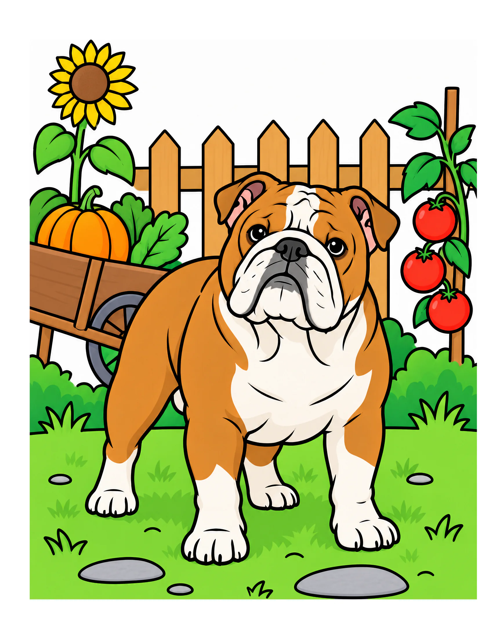 English Bulldog in a vegetable garden color reference for Level 1 · Easy