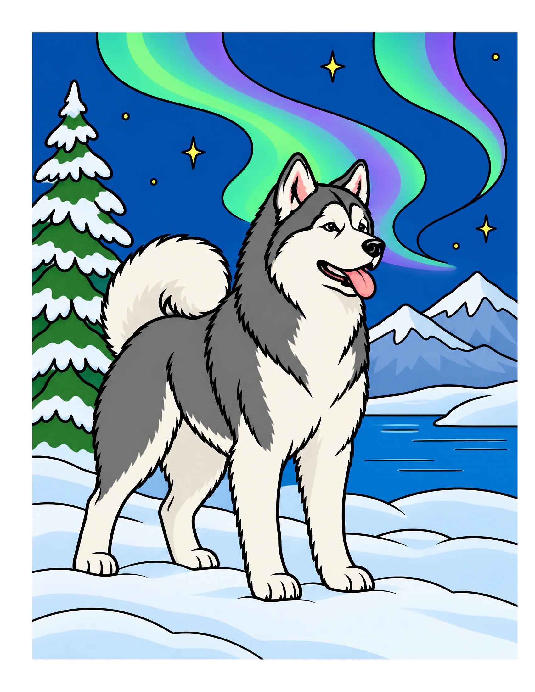 Alaskan Malamute beneath an aurora in a snowy forest color reference for Level 1 · Easy