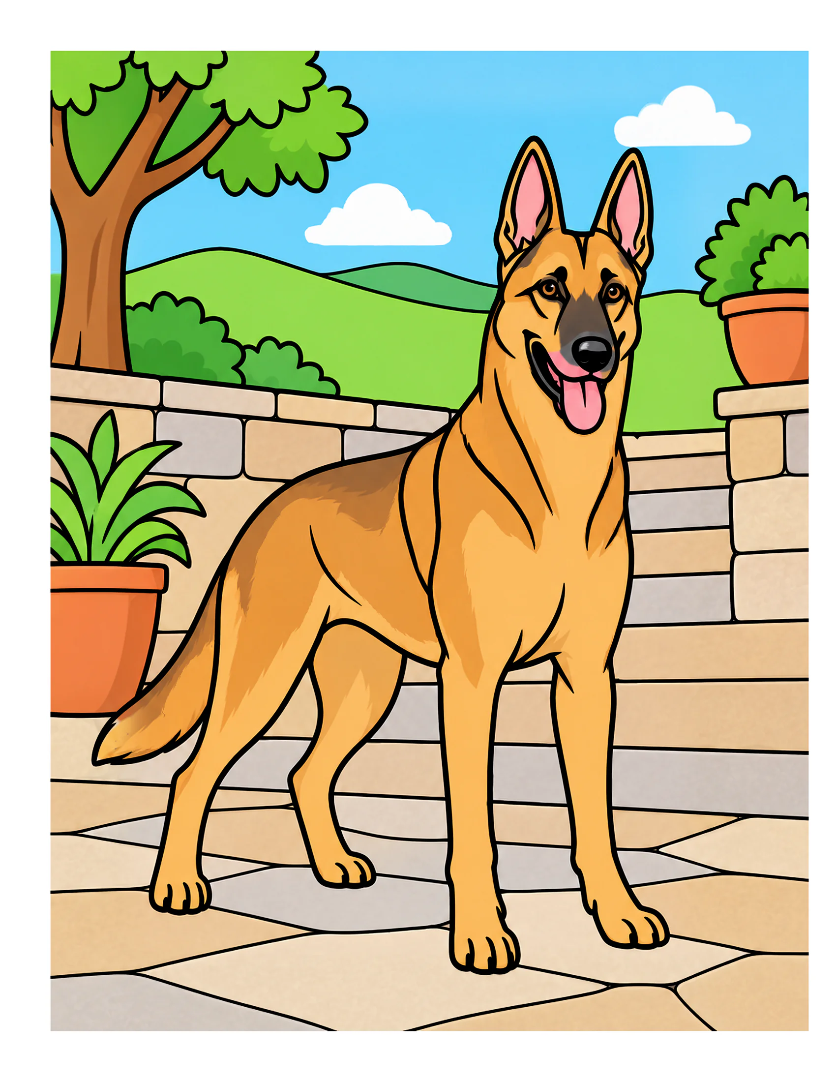 Belgian Malinois in a terraced stone garden color reference for Level 1 · Easy