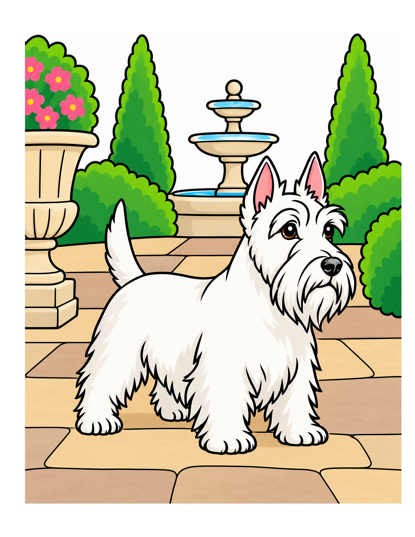 Scottish Terrier in a topiary garden color reference for Level 1 · Easy
