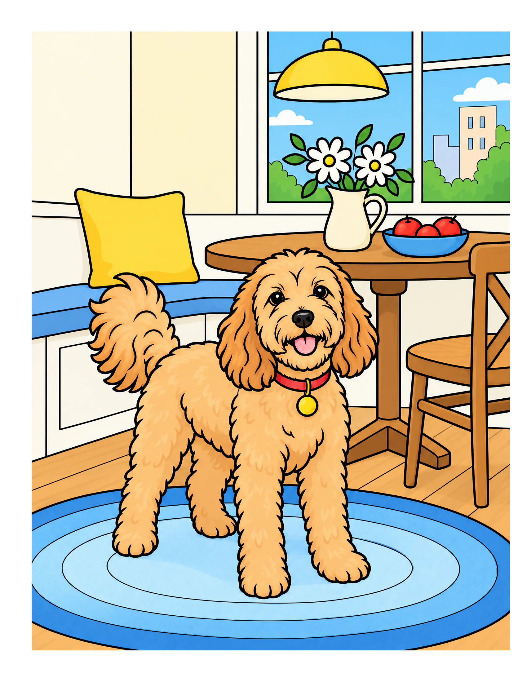 Cockapoo in an apartment breakfast nook color reference for Level 1 · Easy