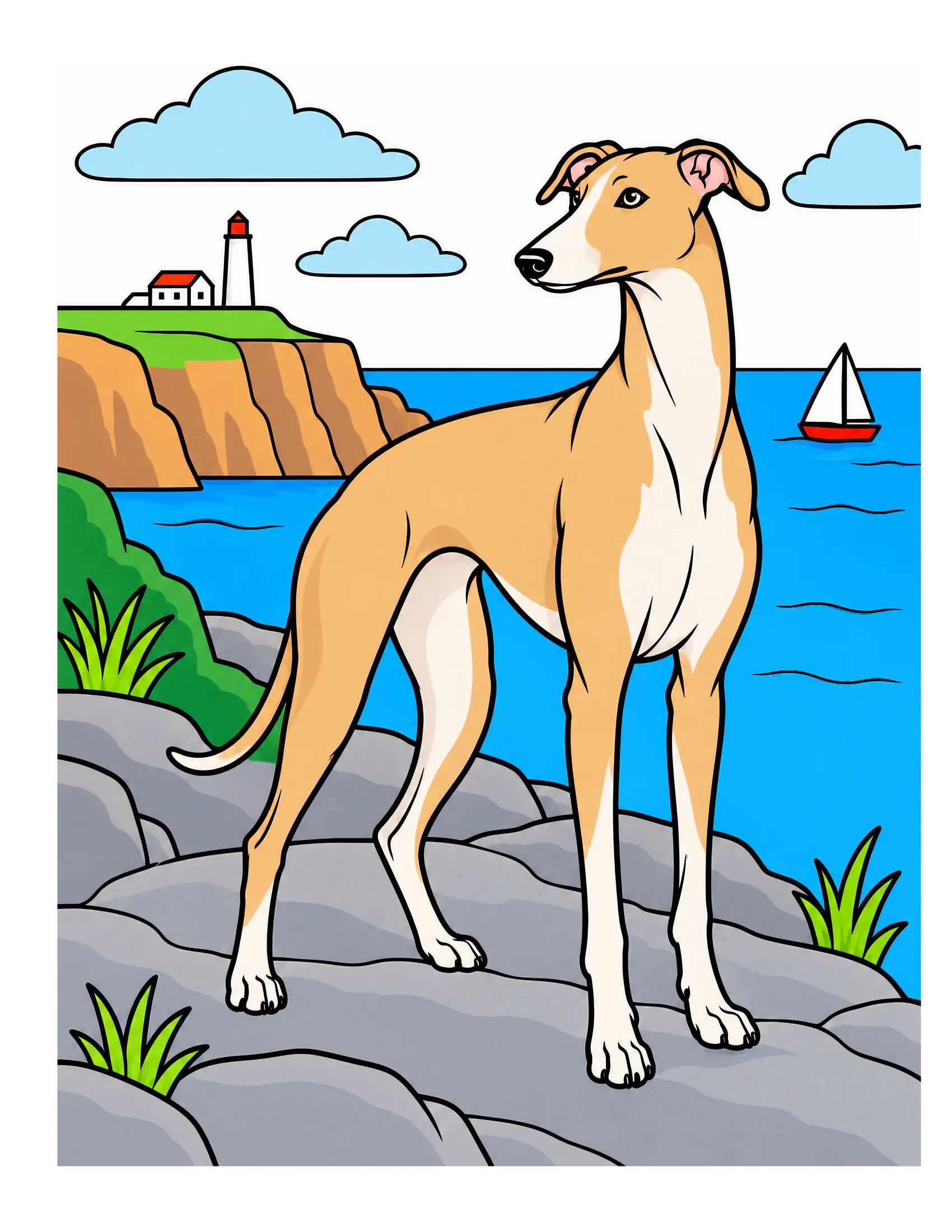 Greyhound on a coastal cliff path color reference for Level 1 · Easy