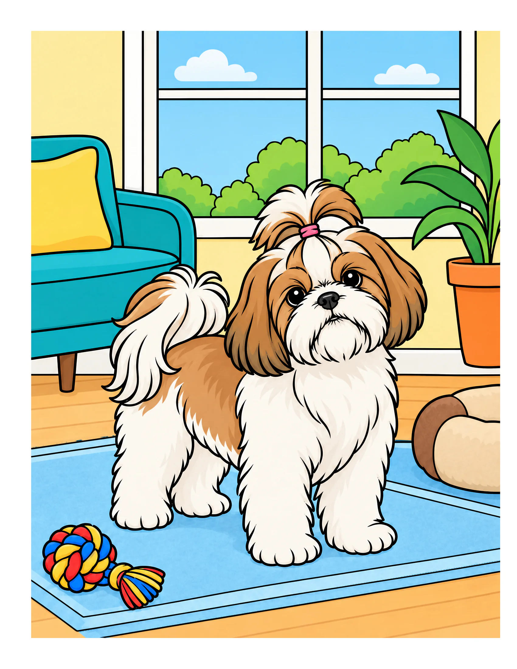 Shih Tzu in an apartment sunroom color reference for Level 1 · Easy