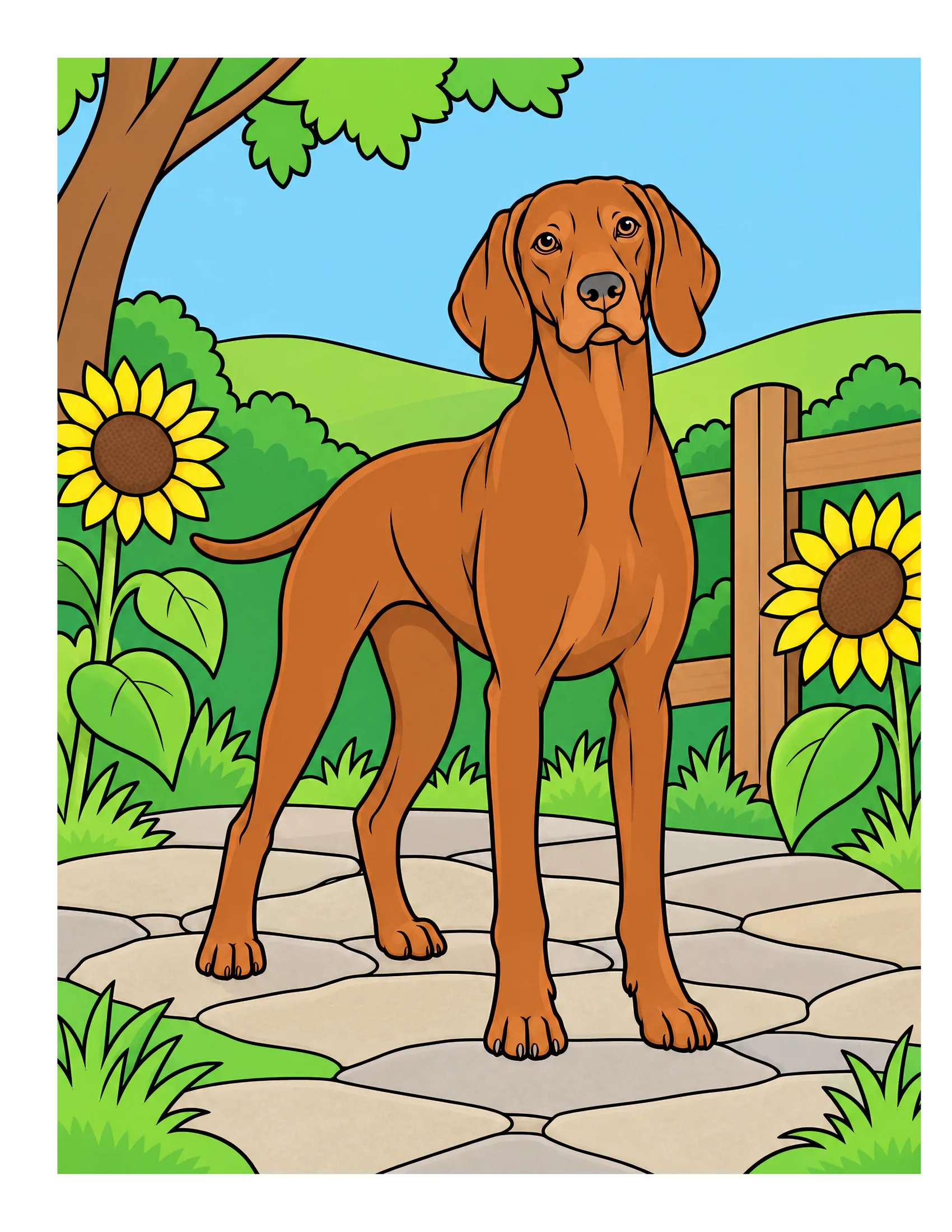 Vizsla in a sunflower garden color reference for Level 1 · Easy