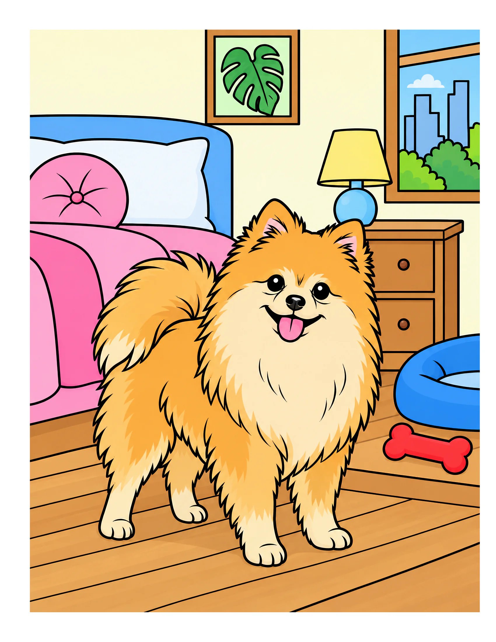 Pomeranian in an apartment bedroom color reference for Level 1 · Easy