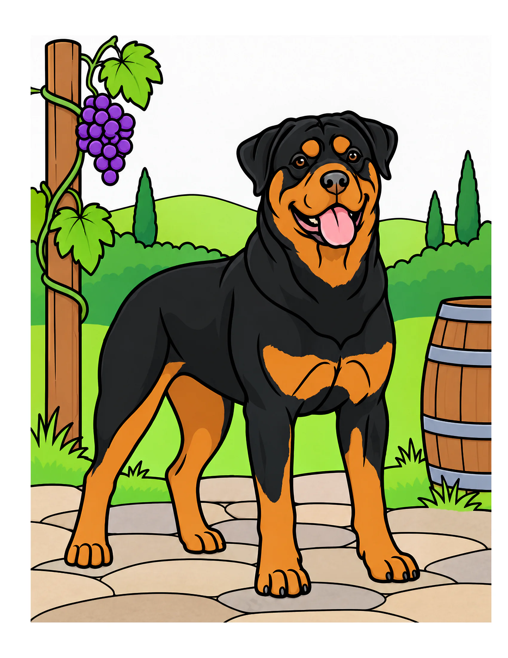 Rottweiler in a vineyard garden color reference for Level 1 · Easy