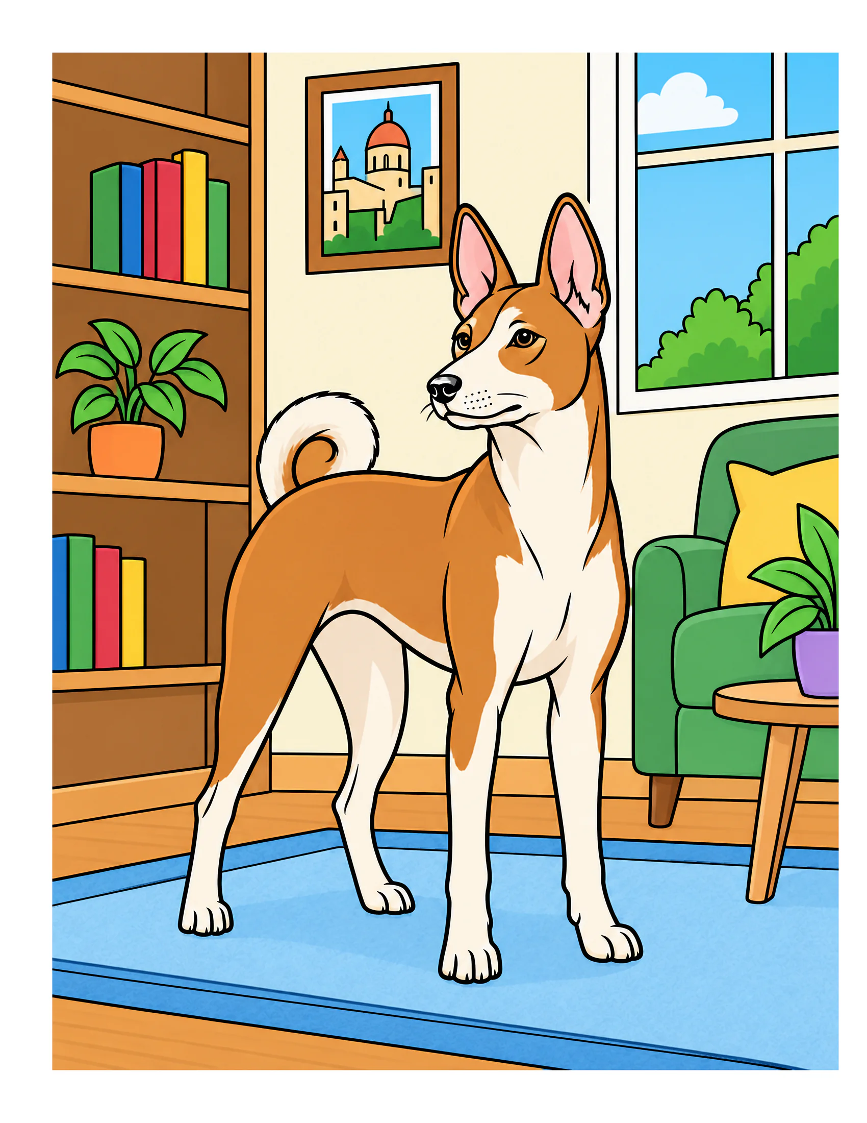 Basenji in a compact apartment library color reference for Level 1 · Easy