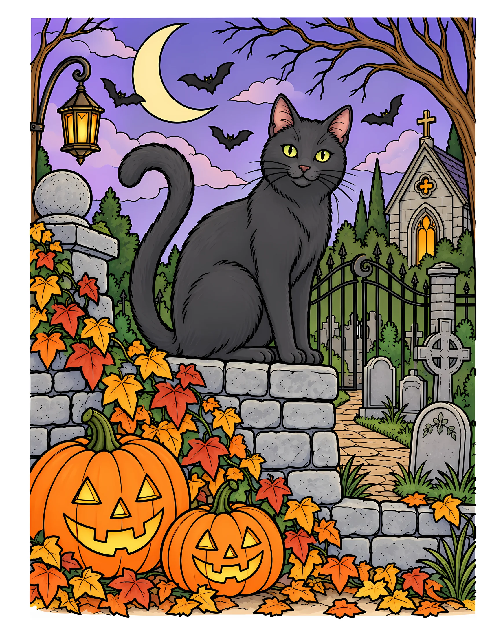 Black cat on cemetery wall color reference for Level 2 · Advanced