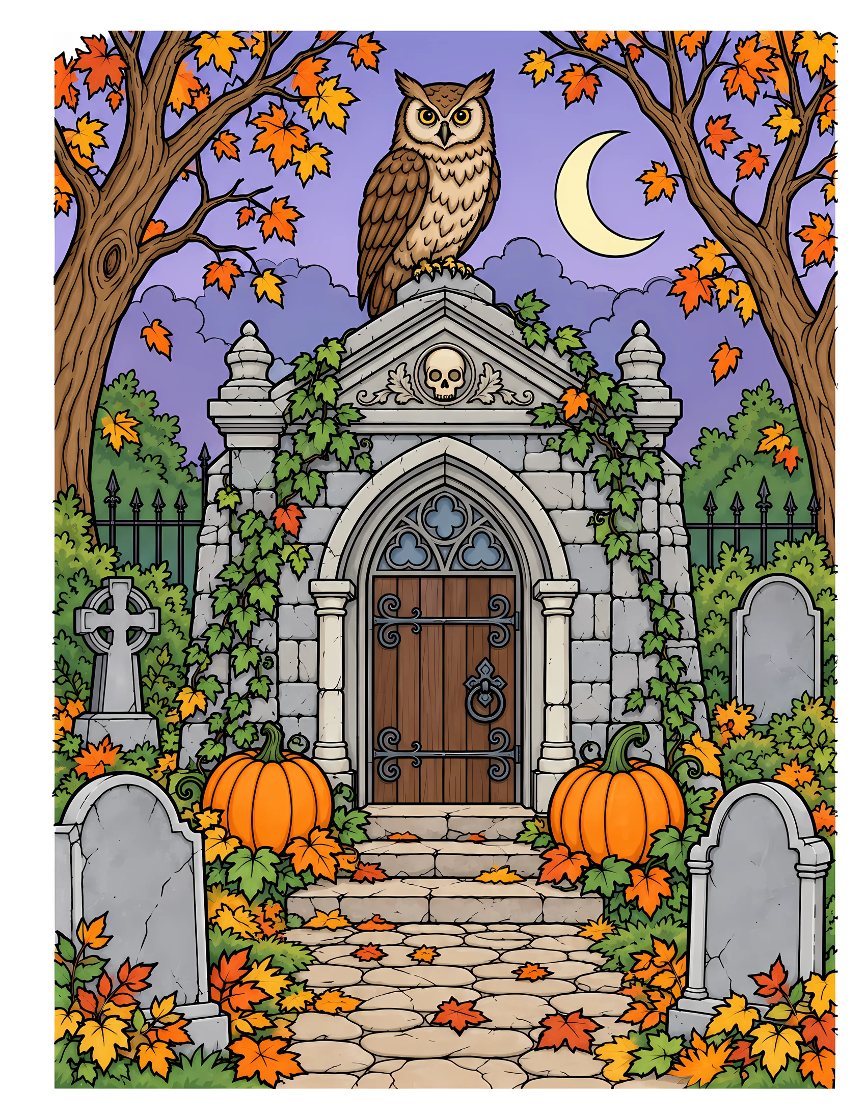 Owl above old mausoleum color reference for Level 2 · Advanced