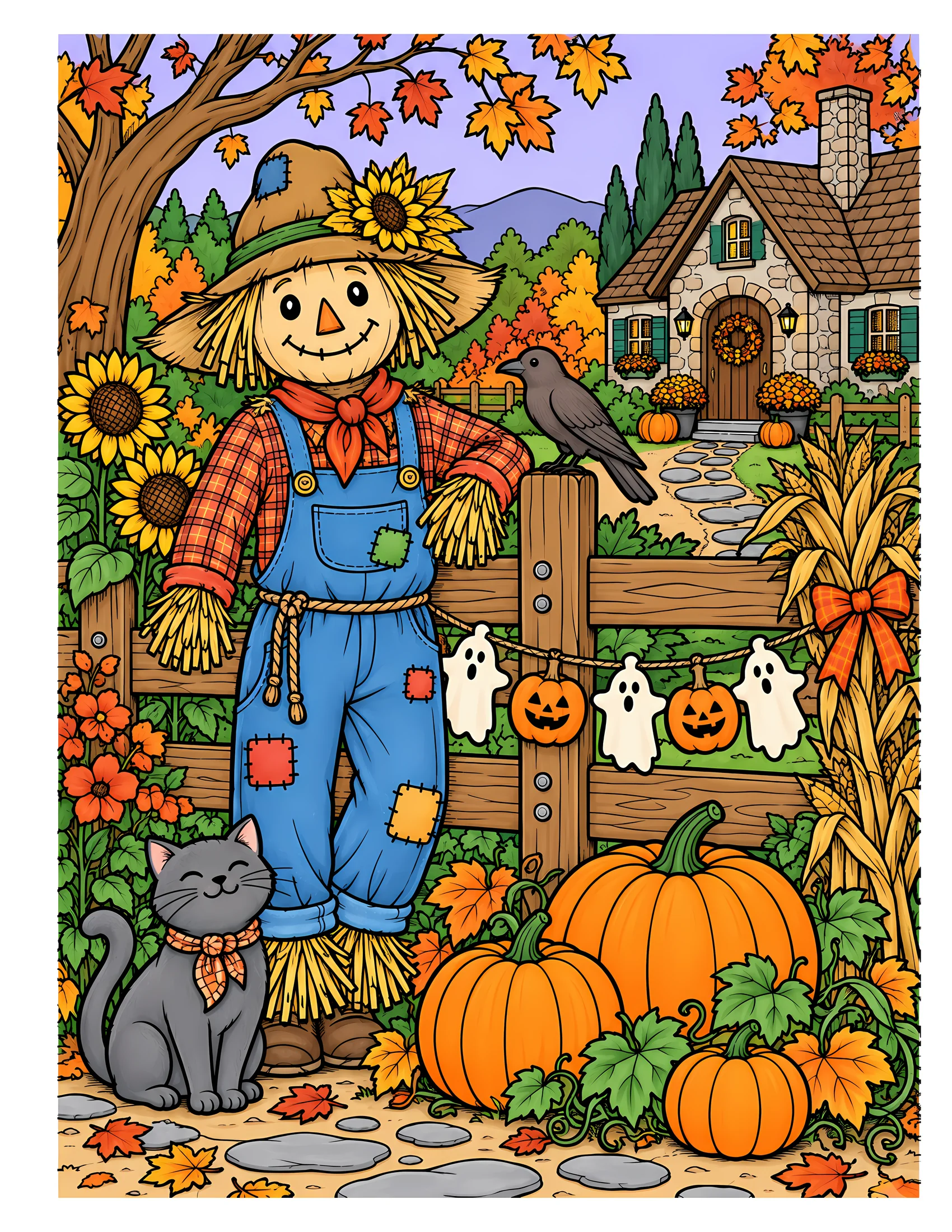 Scarecrow beside decorated fence color reference for Level 2 · Advanced