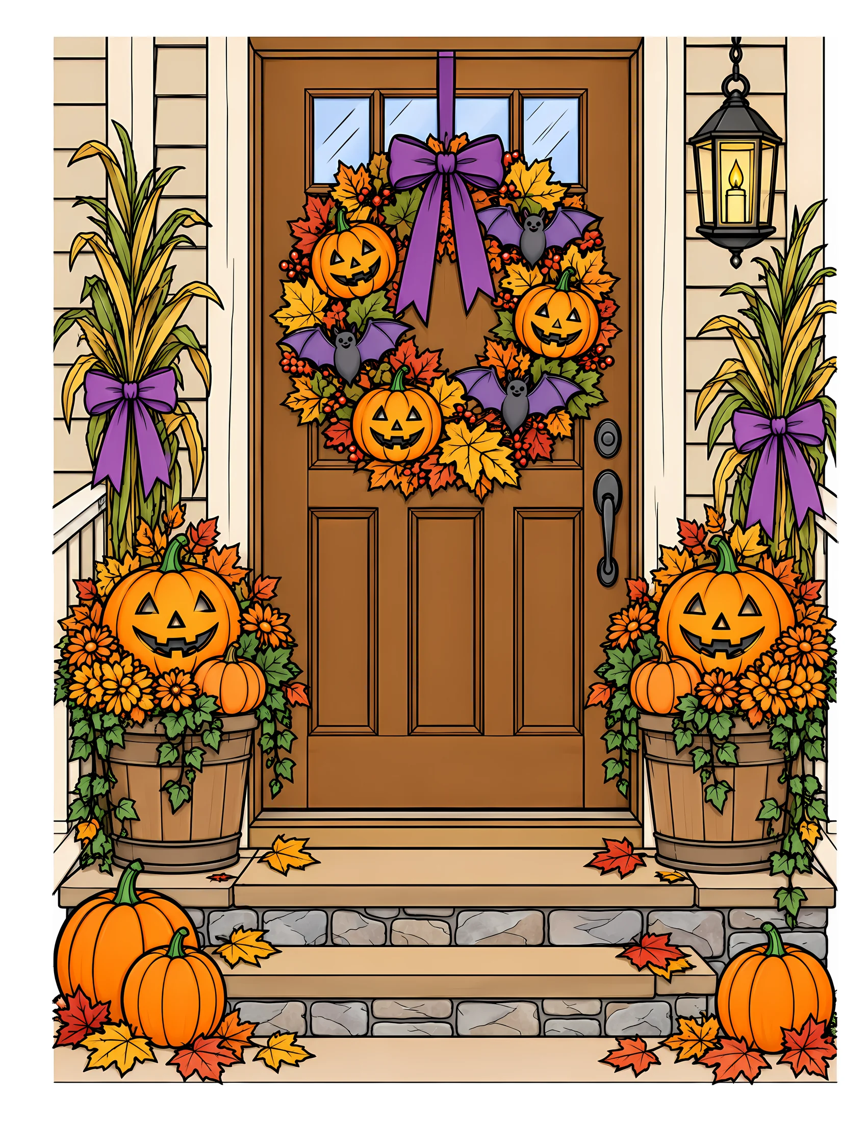 Halloween wreath on front door color reference for Level 2 · Advanced
