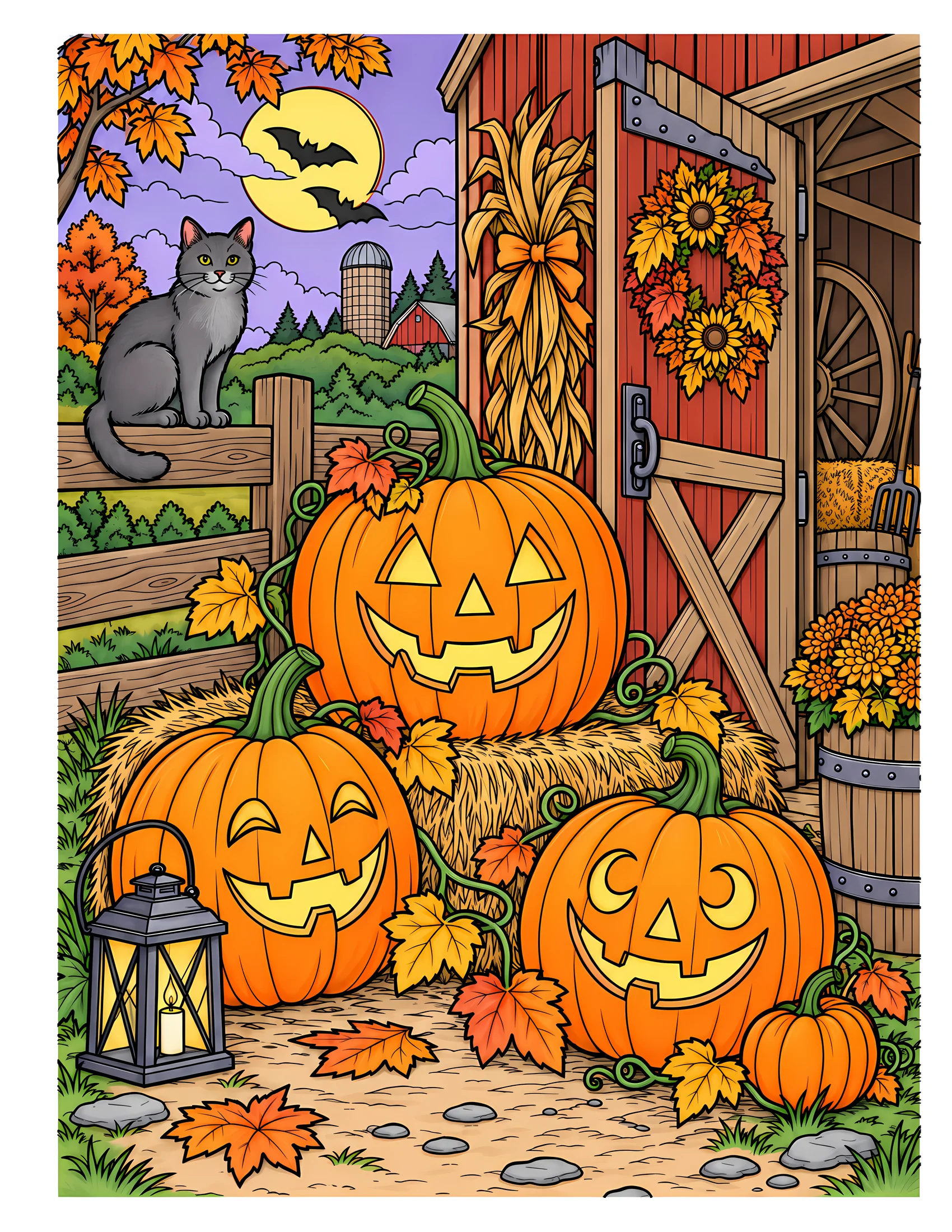 Carved pumpkins beside barn color reference for Level 2 · Advanced