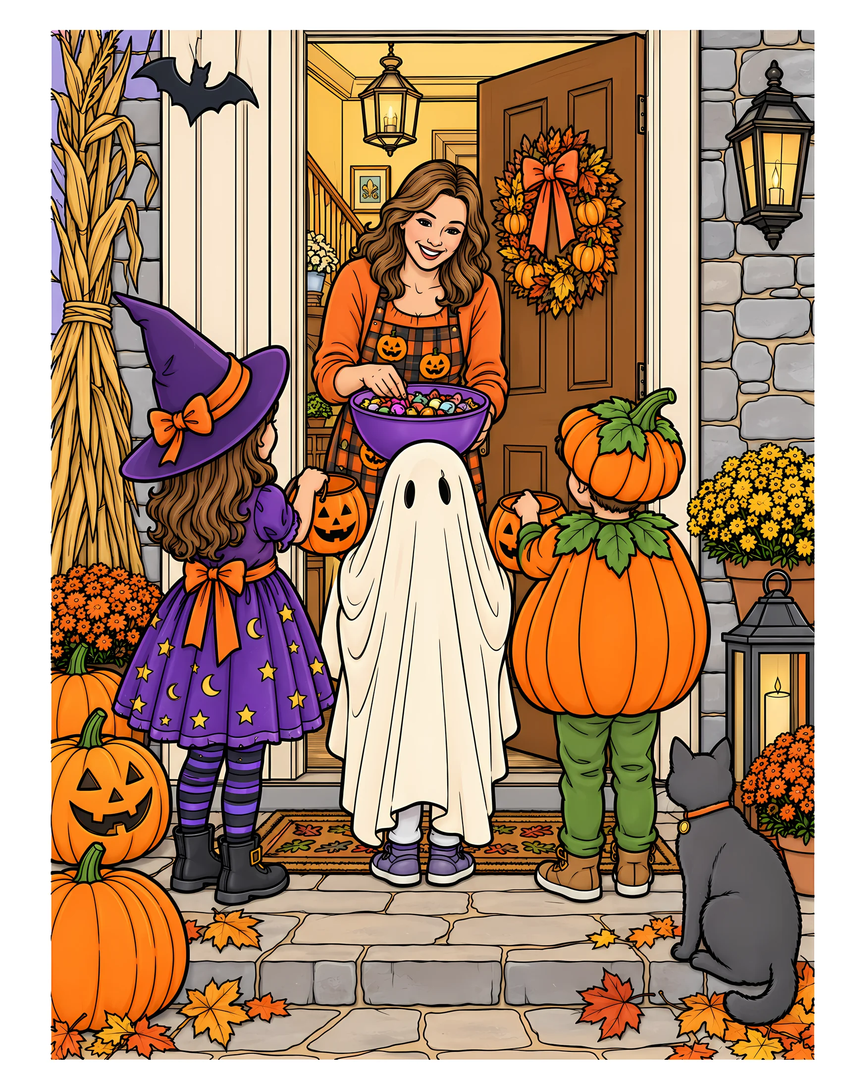 Costumed children at doorway color reference for Level 2 · Advanced