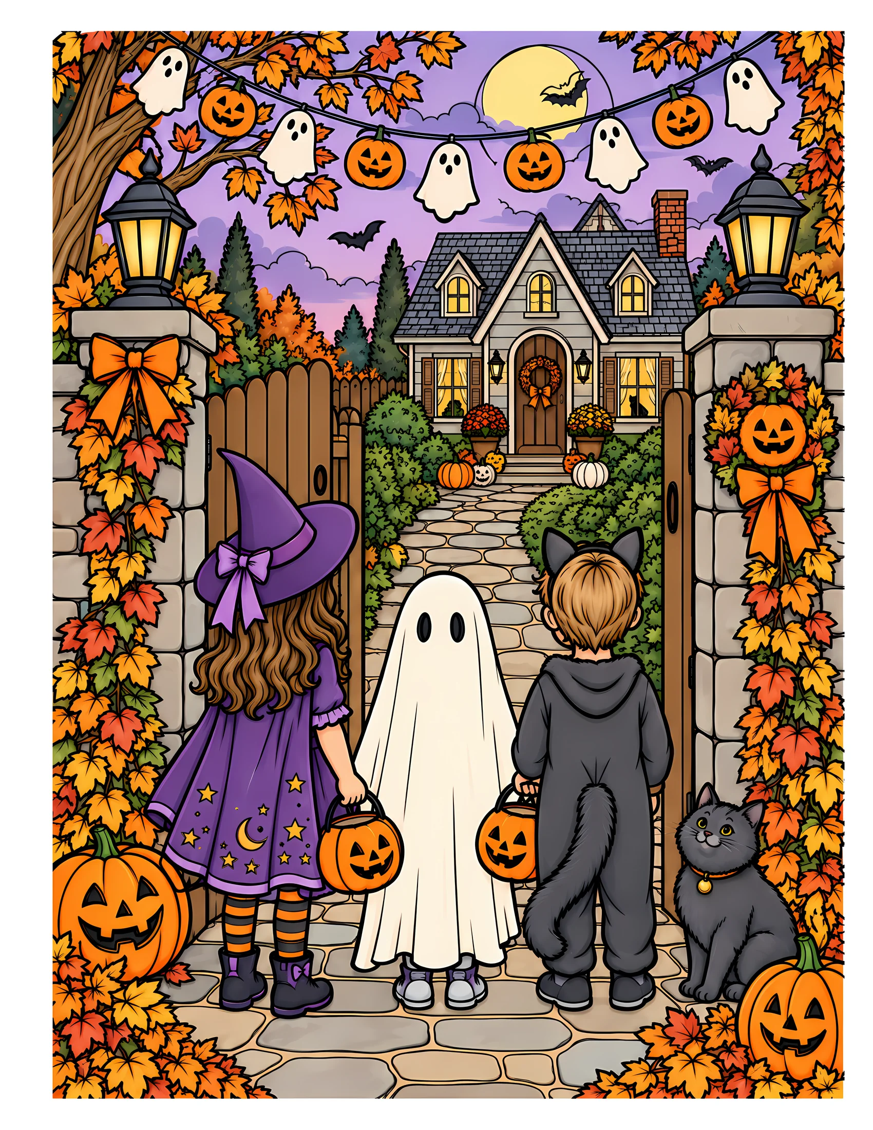 Trick-or-treaters at garden gate color reference for Level 2 · Advanced