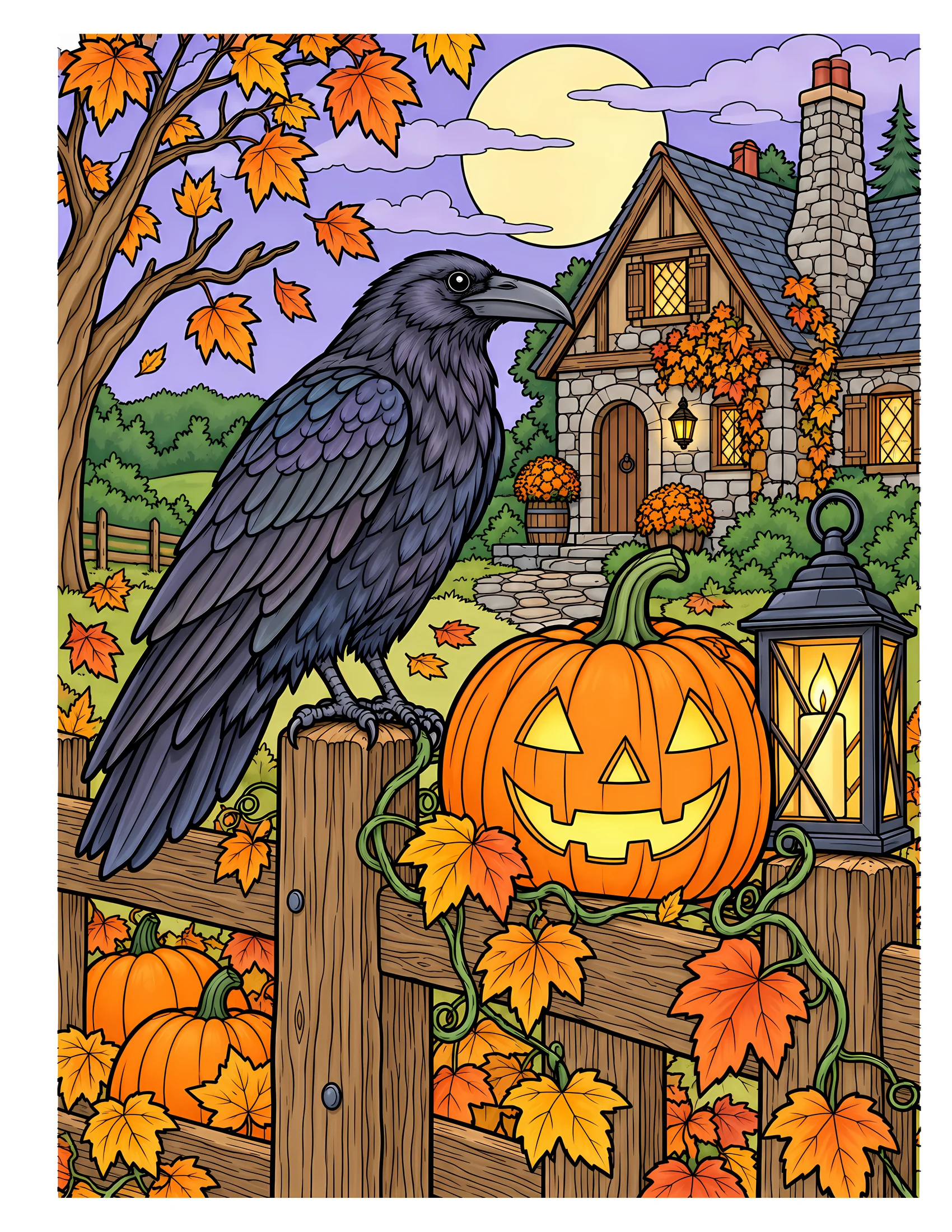 Raven beside pumpkin lantern color reference for Level 2 · Advanced