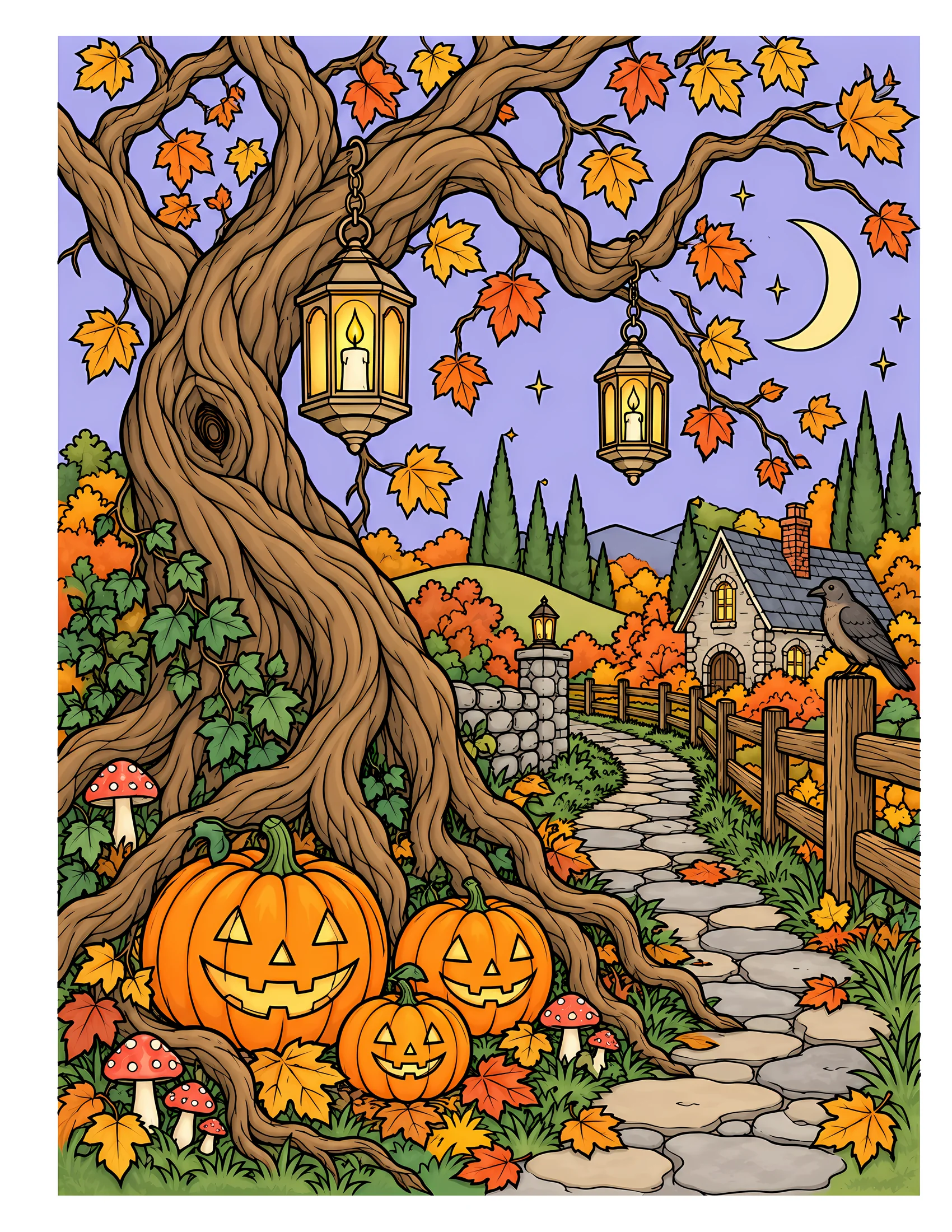 Lanterns beneath twisted tree color reference for Level 2 · Advanced