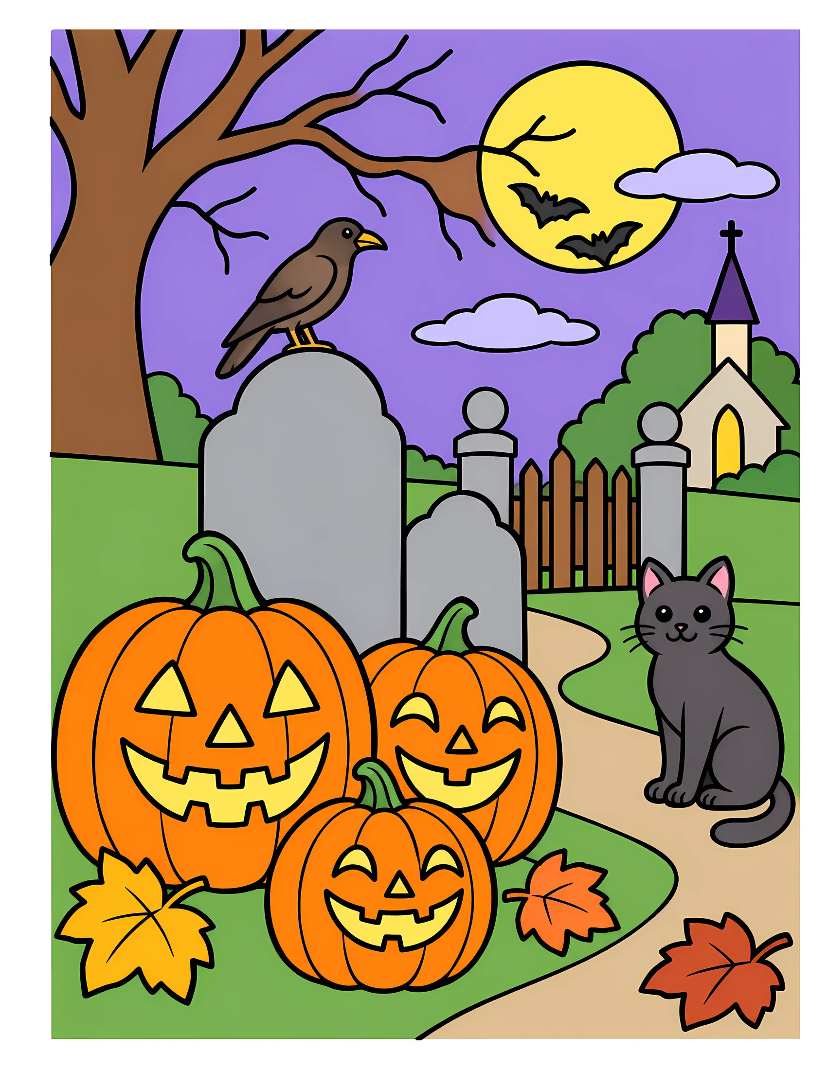 Pumpkins beside gravestones color reference for Level 1 · Easy