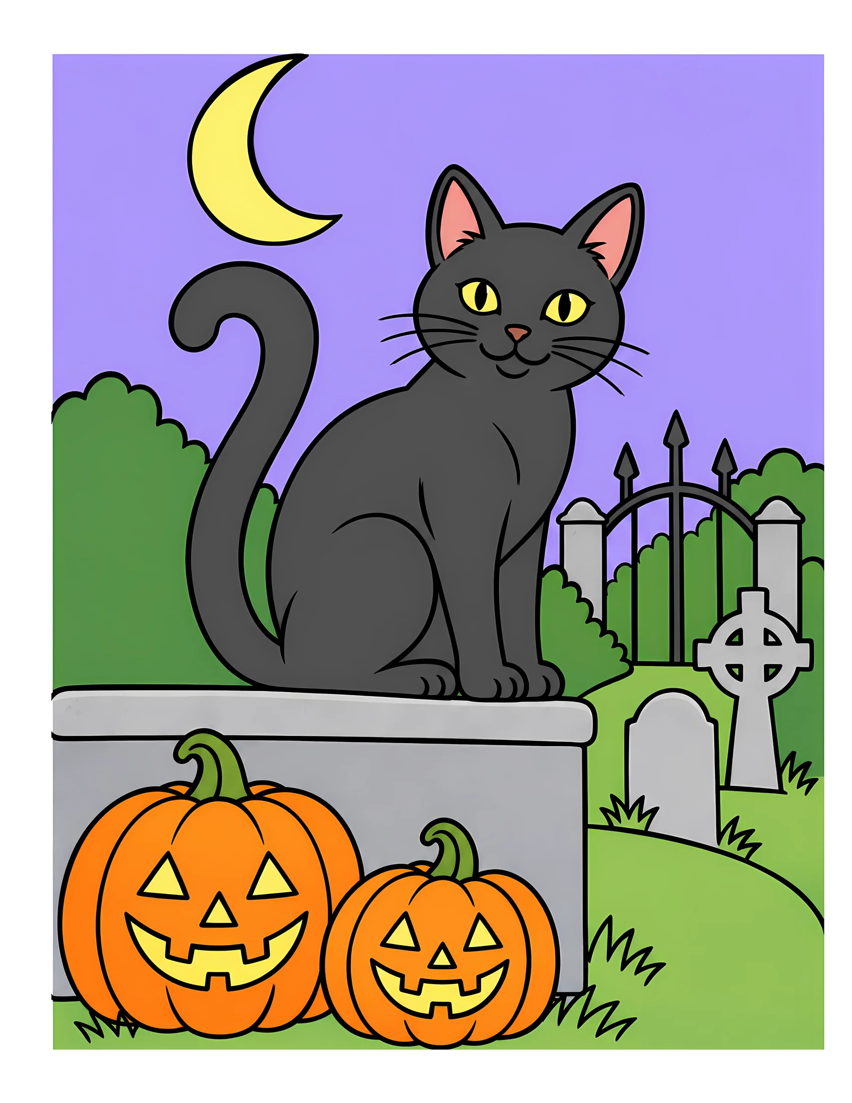 Black cat on cemetery wall color reference for Level 1 · Easy