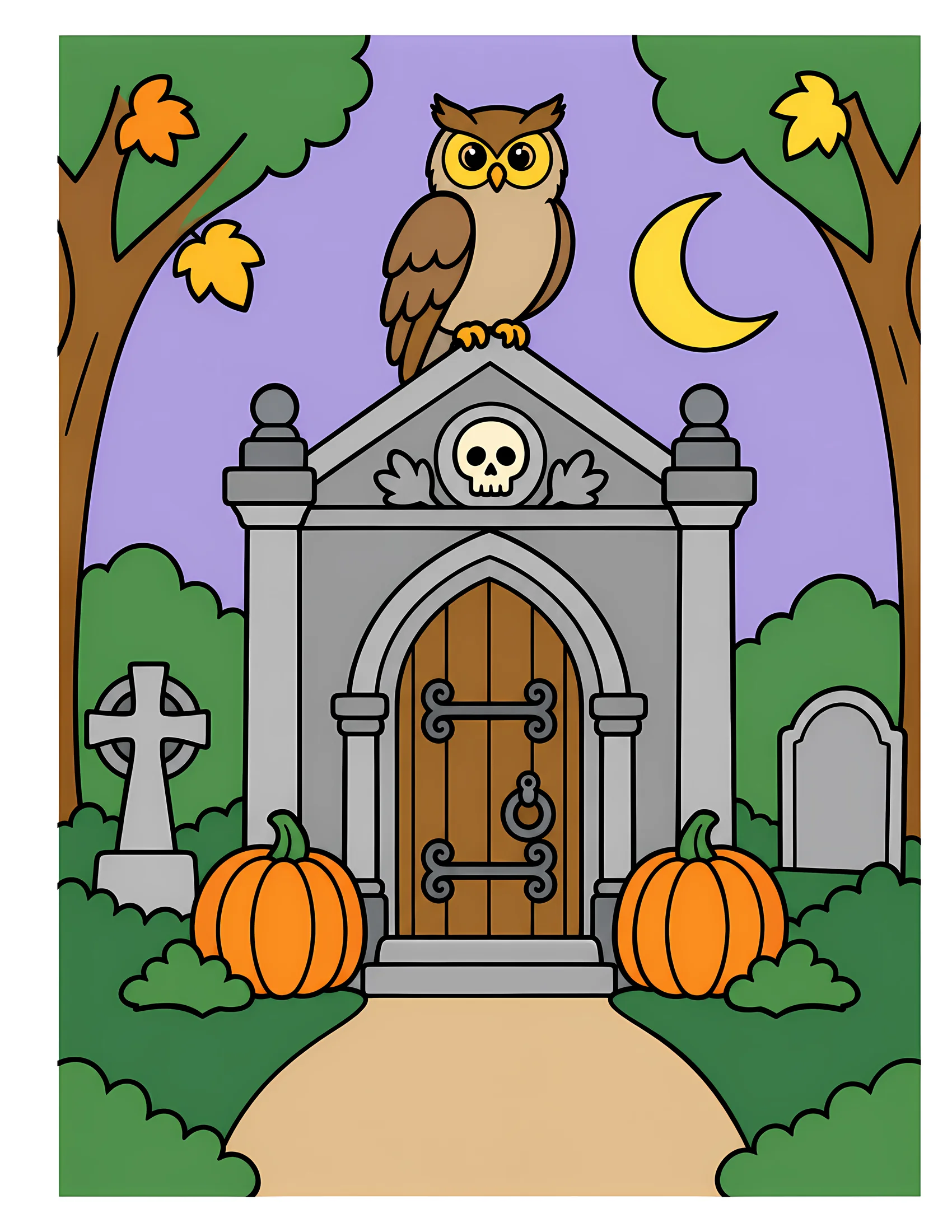 Owl above old mausoleum color reference for Level 1 · Easy
