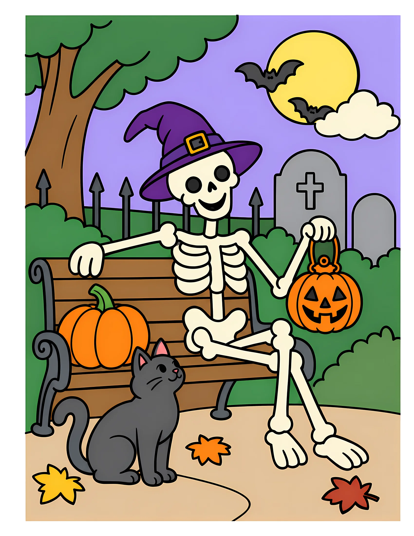 Skeleton beside graveyard bench color reference for Level 1 · Easy